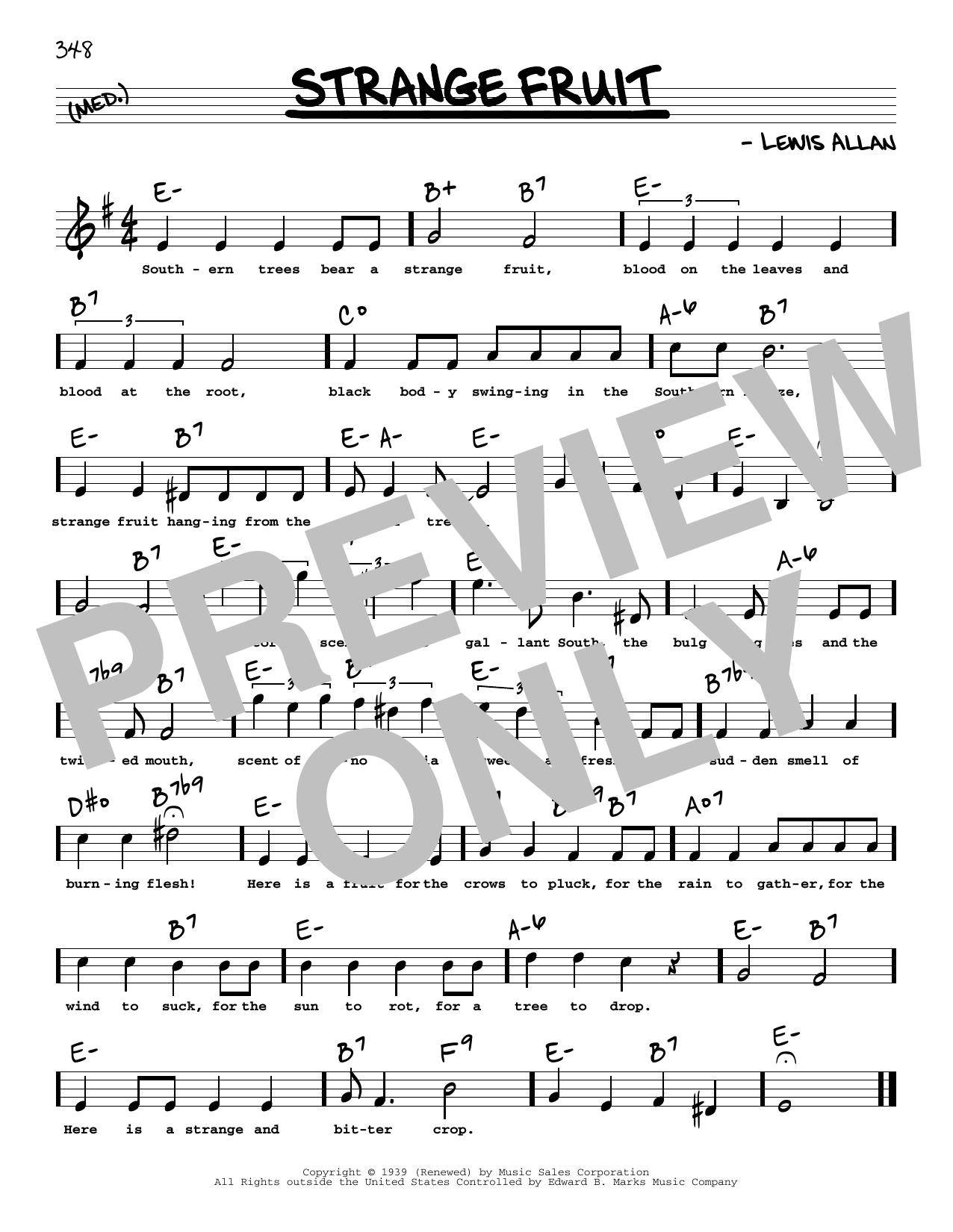 Download Billie Holiday Strange Fruit (High Voice) Sheet Music and learn how to play Real Book – Melody, Lyrics & Chords PDF digital score in minutes