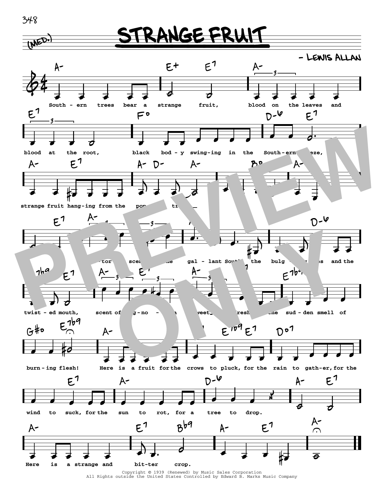 Download Billie Holiday Strange Fruit (Low Voice) Sheet Music and learn how to play Real Book – Melody, Lyrics & Chords PDF digital score in minutes