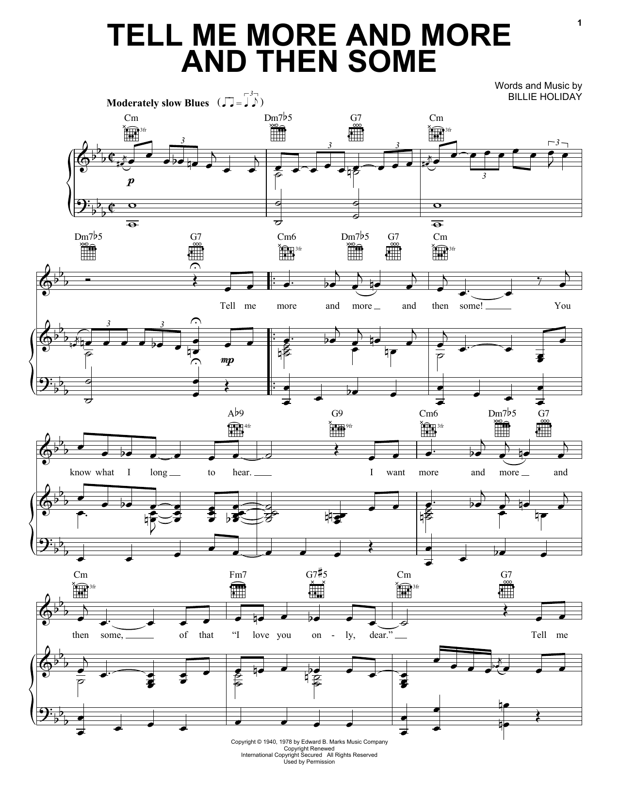 Download Billie Holiday Tell Me More And More And Then Some Sheet Music and learn how to play Piano, Vocal & Guitar (Right-Hand Melody) PDF digital score in minutes