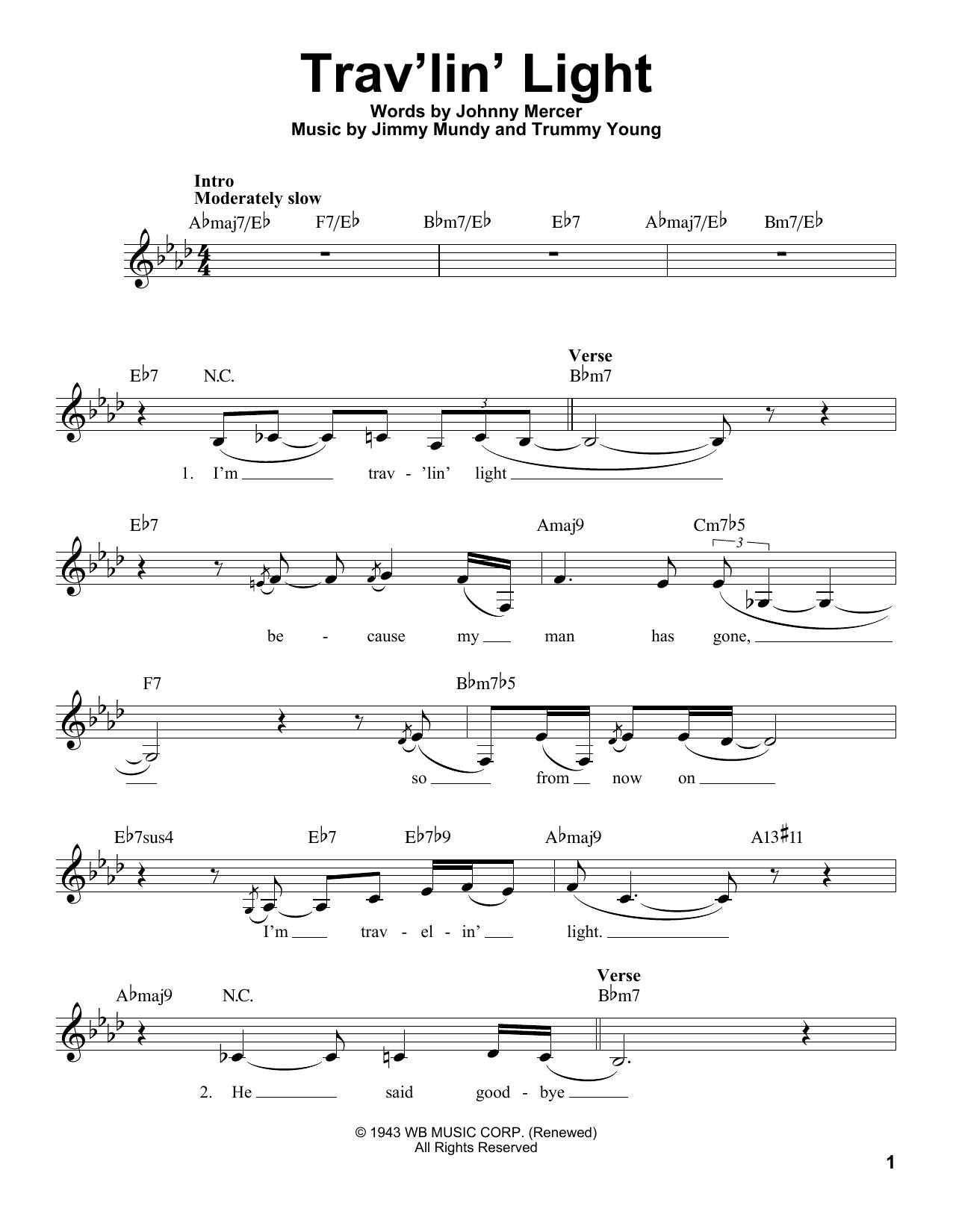 Download Billie Holiday Trav'lin' Light Sheet Music and learn how to play Voice PDF digital score in minutes
