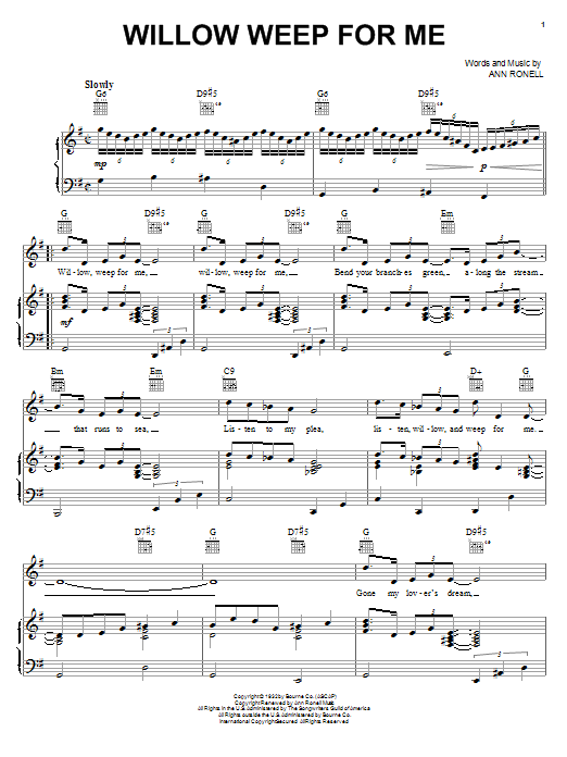 Download Billie Holiday Willow Weep For Me Sheet Music and learn how to play Piano, Vocal & Guitar (Right-Hand Melody) PDF digital score in minutes