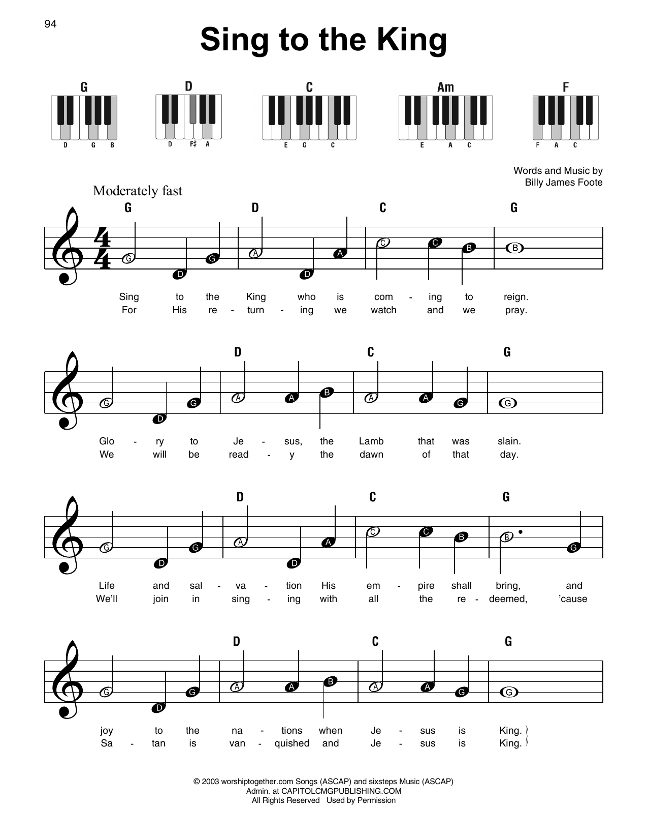 Download Billy and Cindy Foote Sing To The King Sheet Music and learn how to play Super Easy Piano PDF digital score in minutes