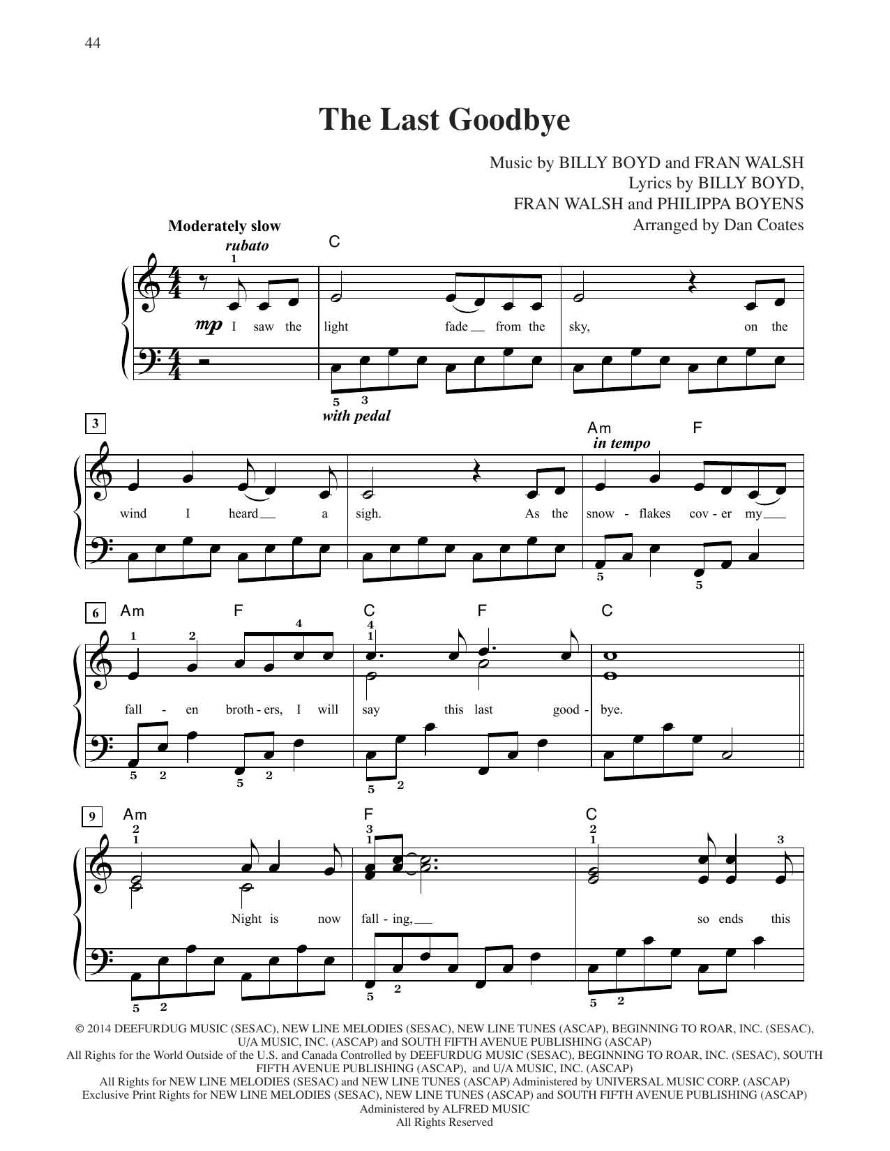 Download Billy Boyd The Last Goodbye (from The Hobbit: The Battle of the Five Armies) (arr. Dan Coat Sheet Music and learn how to play Easy Piano PDF digital score in minutes