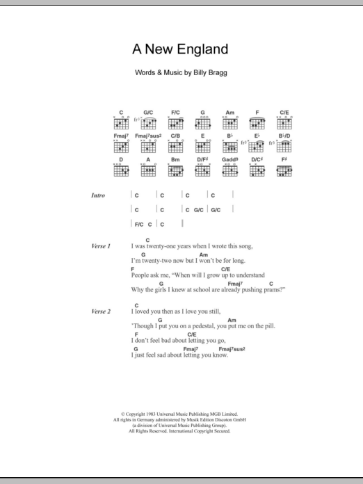 Download Billy Bragg A New England Sheet Music and learn how to play Ukulele PDF digital score in minutes