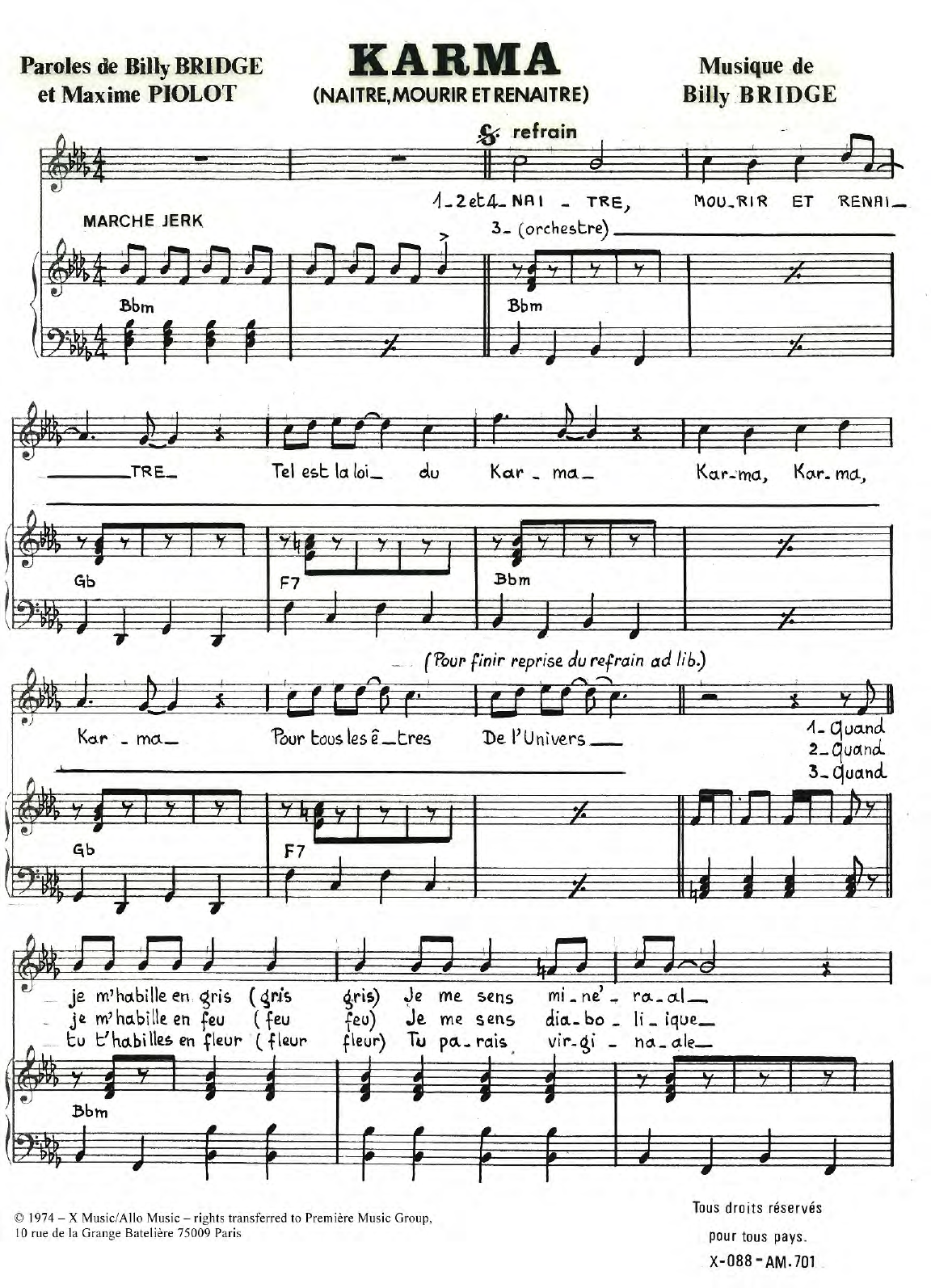 Download Billy Bridge Karma (Naitre Mourir Et Renaitre) Sheet Music and learn how to play Piano & Vocal PDF digital score in minutes