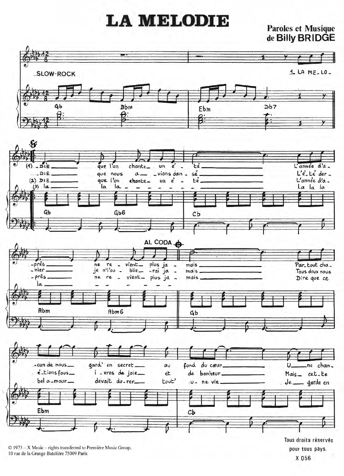 Download Billy Bridge La Melodie Sheet Music and learn how to play Piano & Vocal PDF digital score in minutes