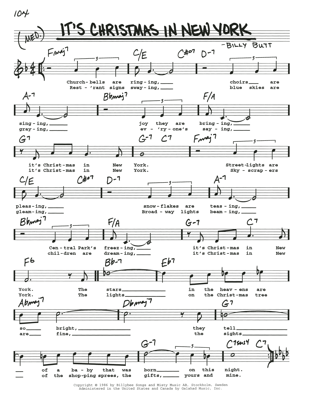 Download Billy Butt It's Christmas In New York Sheet Music and learn how to play Real Book – Melody, Lyrics & Chords PDF digital score in minutes