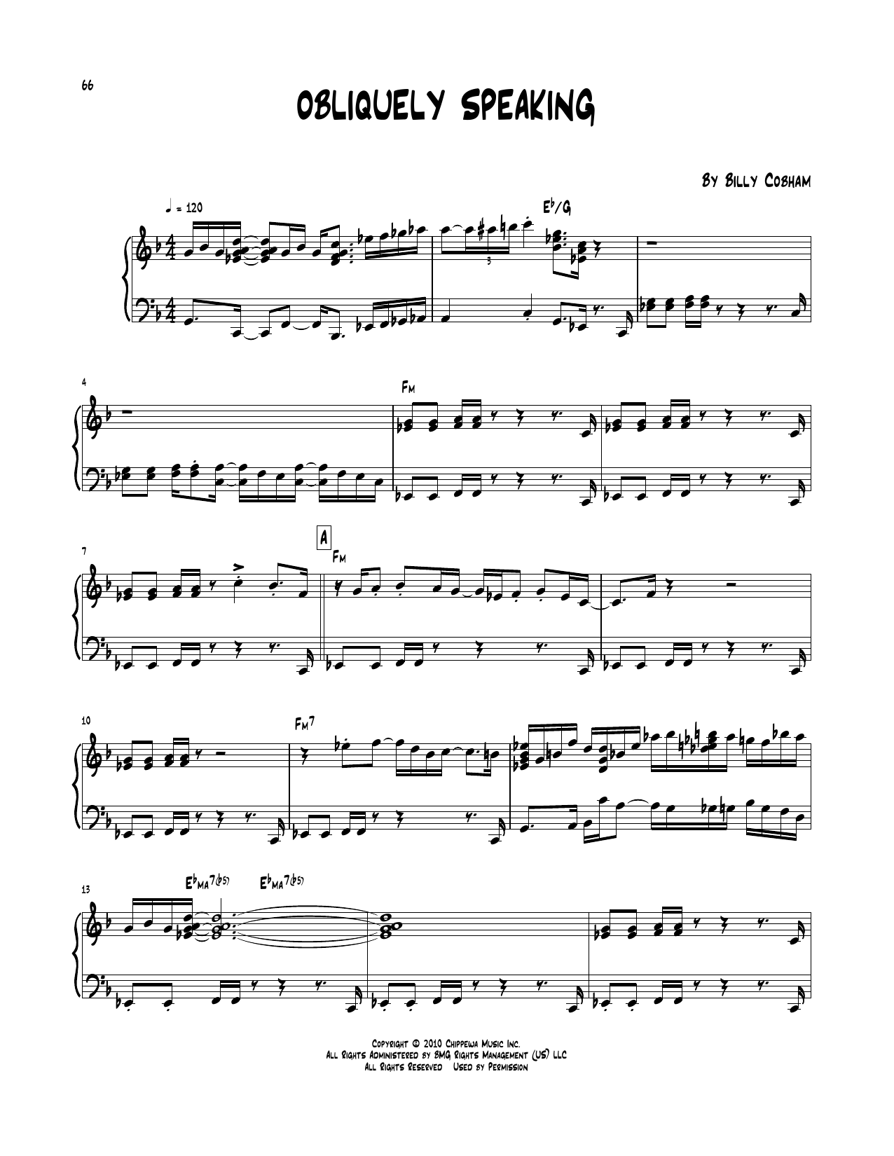 Download Billy Cobham Obliquely Speaking Sheet Music and learn how to play Piano Transcription PDF digital score in minutes