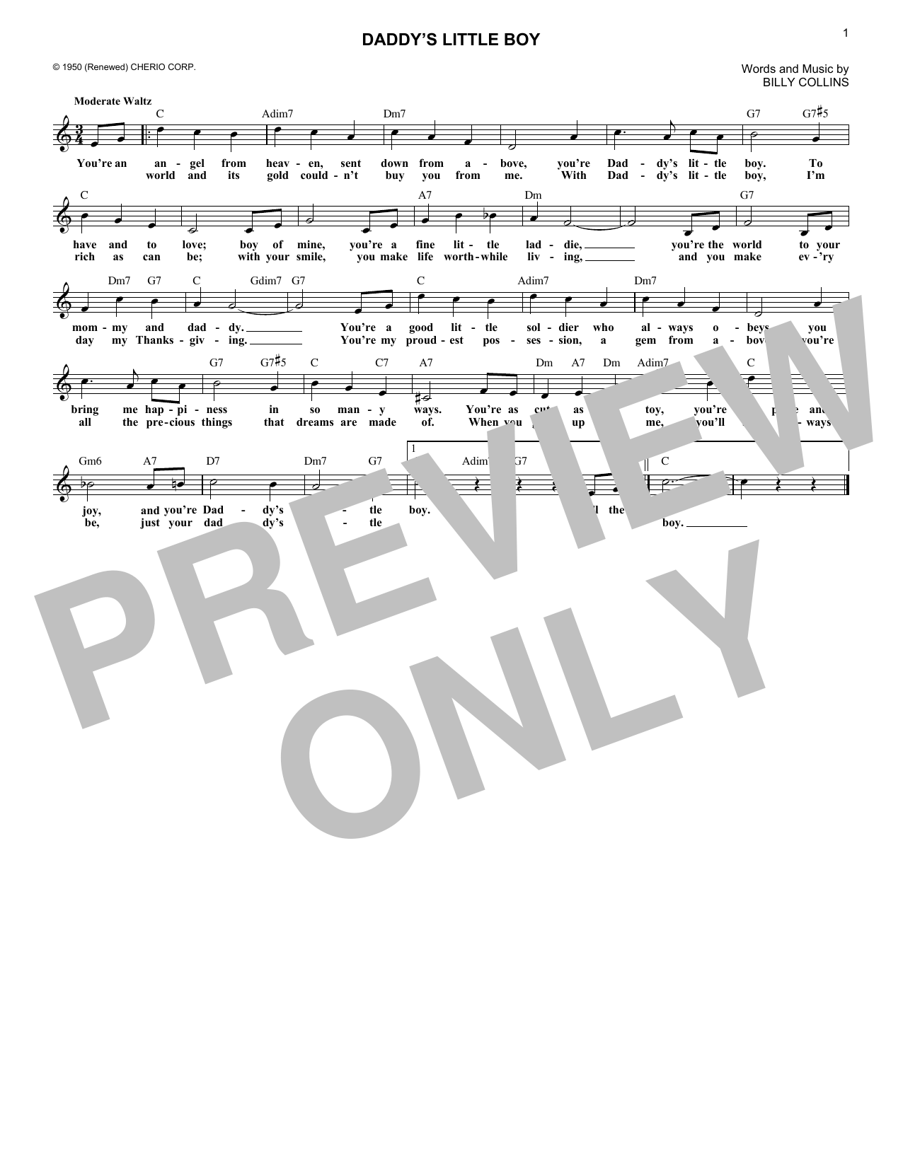 Download Billy Collins Daddy's Little Boy Sheet Music and learn how to play Melody Line, Lyrics & Chords PDF digital score in minutes