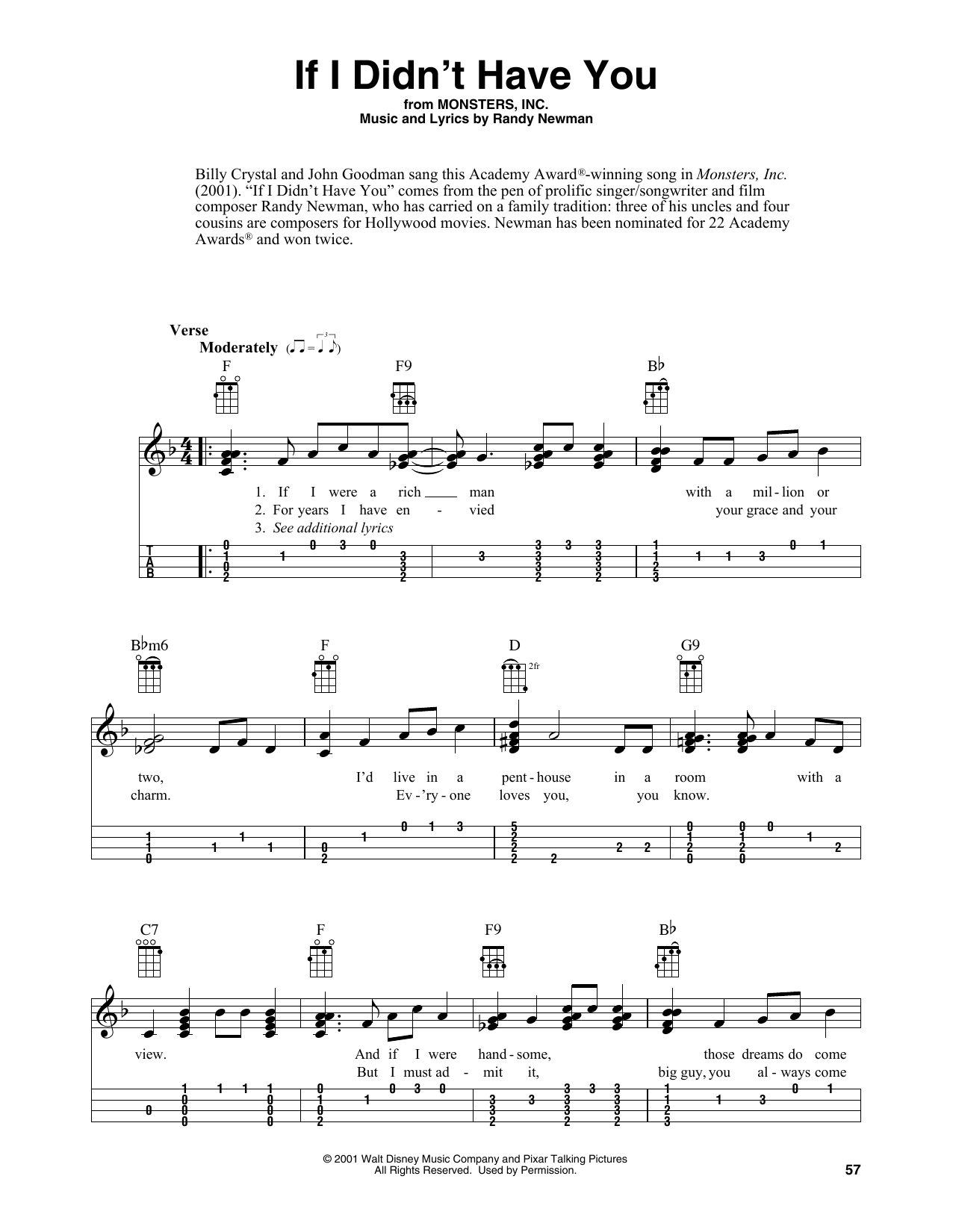 Download Billy Crystal and John Goodman If I Didn't Have You (from Monsters, Inc.) (arr. Fred Sokolow) Sheet Music and learn how to play Easy Ukulele Tab PDF digital score in minutes