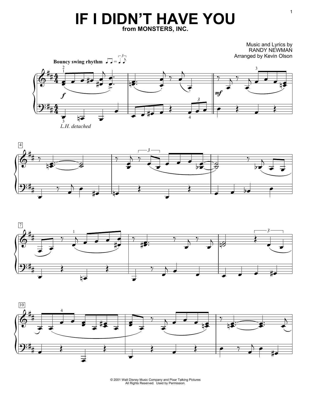 Download Billy Crystal and John Goodman If I Didn't Have You (from Monsters, Inc.) (arr. Kevin Olson) Sheet Music and learn how to play Easy Piano Solo PDF digital score in minutes