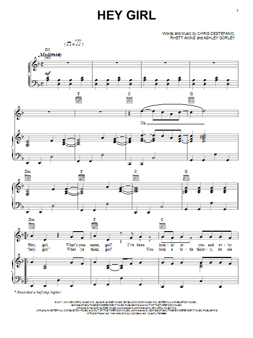 Download Billy Currington Hey Girl Sheet Music and learn how to play Piano, Vocal & Guitar (Right-Hand Melody) PDF digital score in minutes