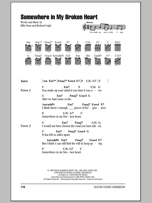 Download Billy Dean Somewhere In My Broken Heart Sheet Music and learn how to play Lyrics & Chords PDF digital score in minutes