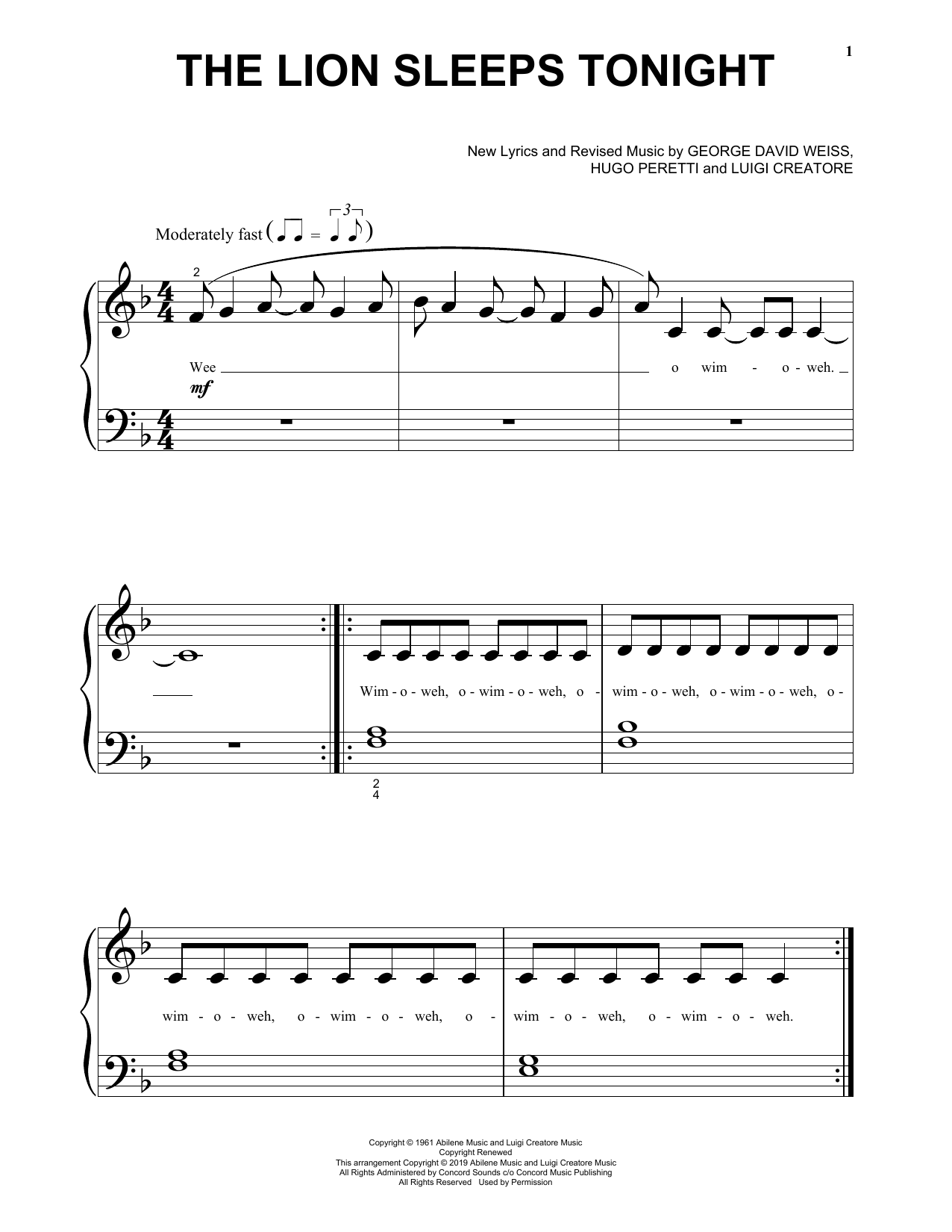 Download Billy Eichner and Seth Rogen The Lion Sleeps Tonight (from The Lion King 2019) Sheet Music and learn how to play Big Note Piano PDF digital score in minutes