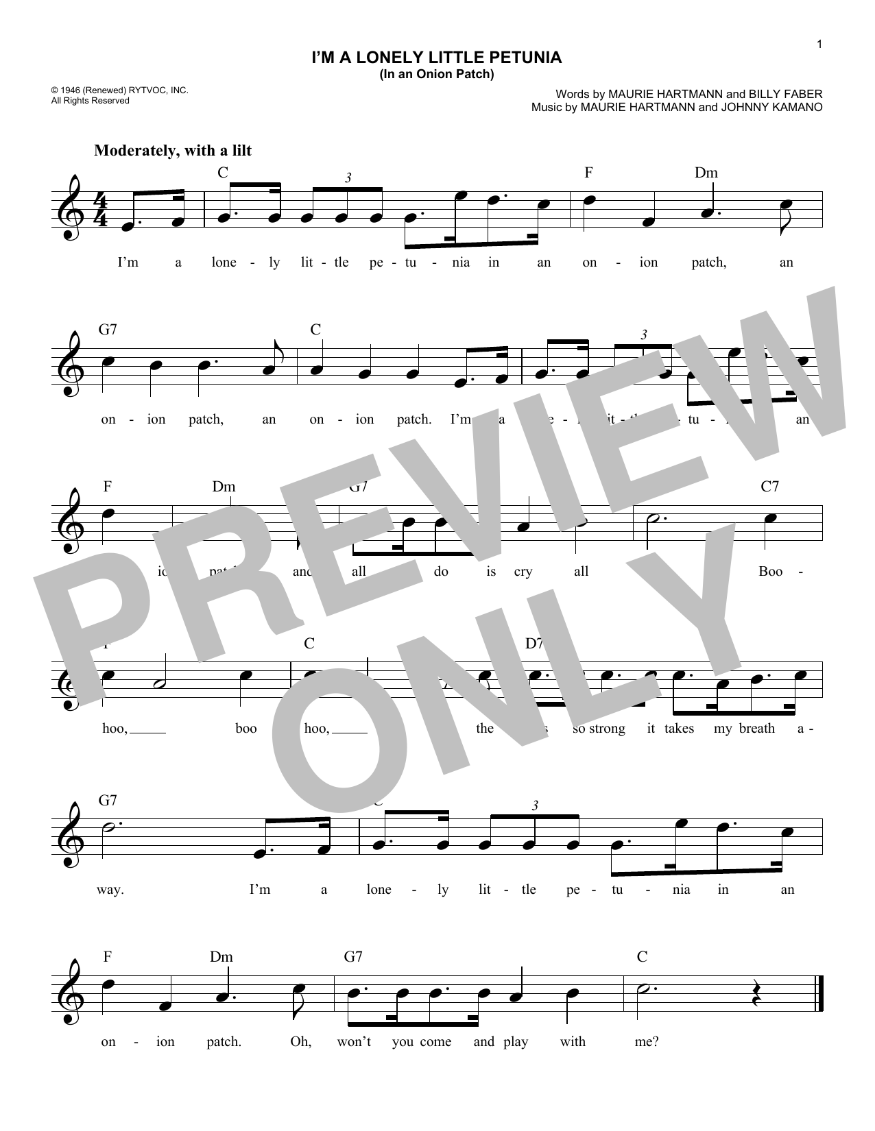 Download Billy Faber I'm A Lonely Little Petunia (In An Onion Patch) Sheet Music and learn how to play Melody Line, Lyrics & Chords PDF digital score in minutes
