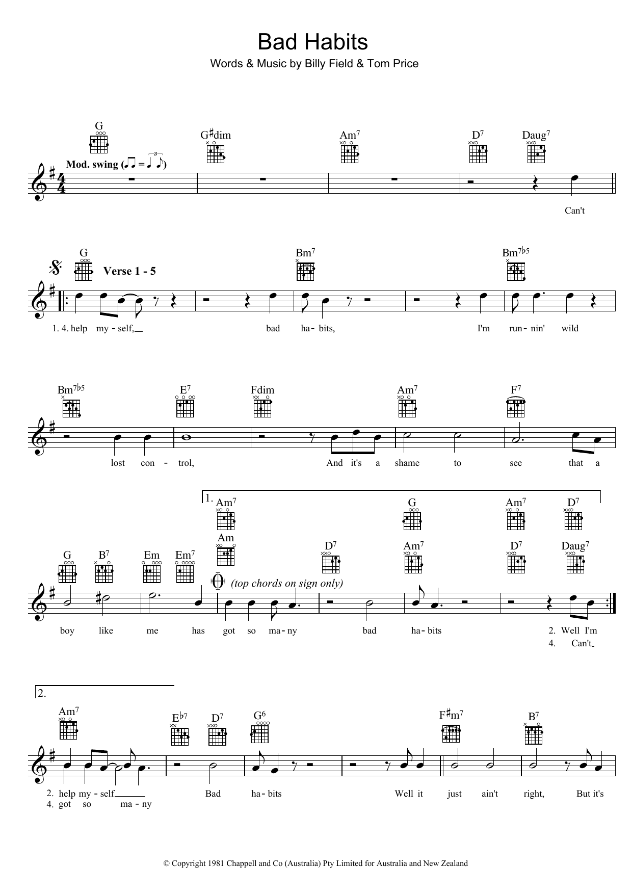 Download Billy Field Bad Habits Sheet Music and learn how to play Melody Line, Lyrics & Chords PDF digital score in minutes