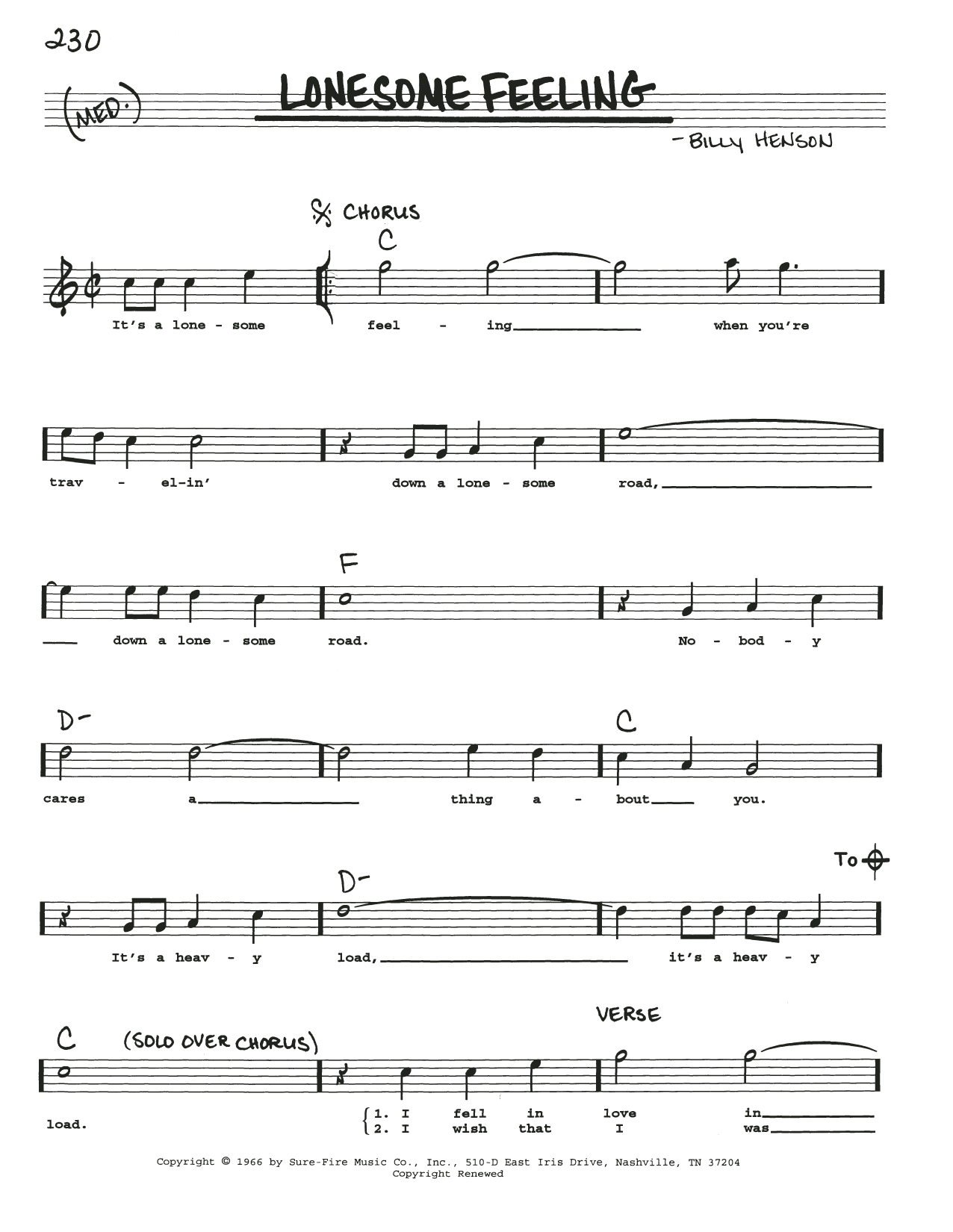 Download Billy Henson Lonesome Feeling Sheet Music and learn how to play Real Book – Melody, Lyrics & Chords PDF digital score in minutes