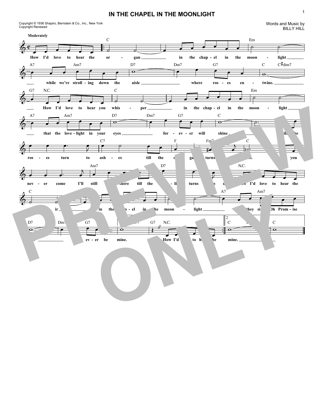 Download Billy Hill In The Chapel In The Moonlight Sheet Music and learn how to play Lead Sheet / Fake Book PDF digital score in minutes