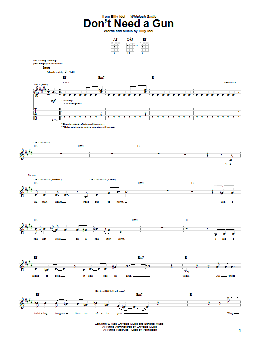 Download Billy Idol Don't Need A Gun Sheet Music and learn how to play Piano, Vocal & Guitar (Right-Hand Melody) PDF digital score in minutes