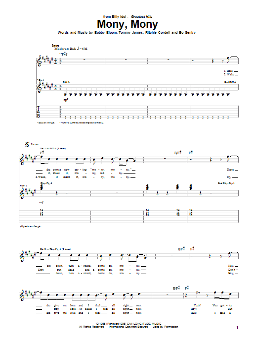 Download Billy Idol Mony, Mony Sheet Music and learn how to play Guitar Tab PDF digital score in minutes