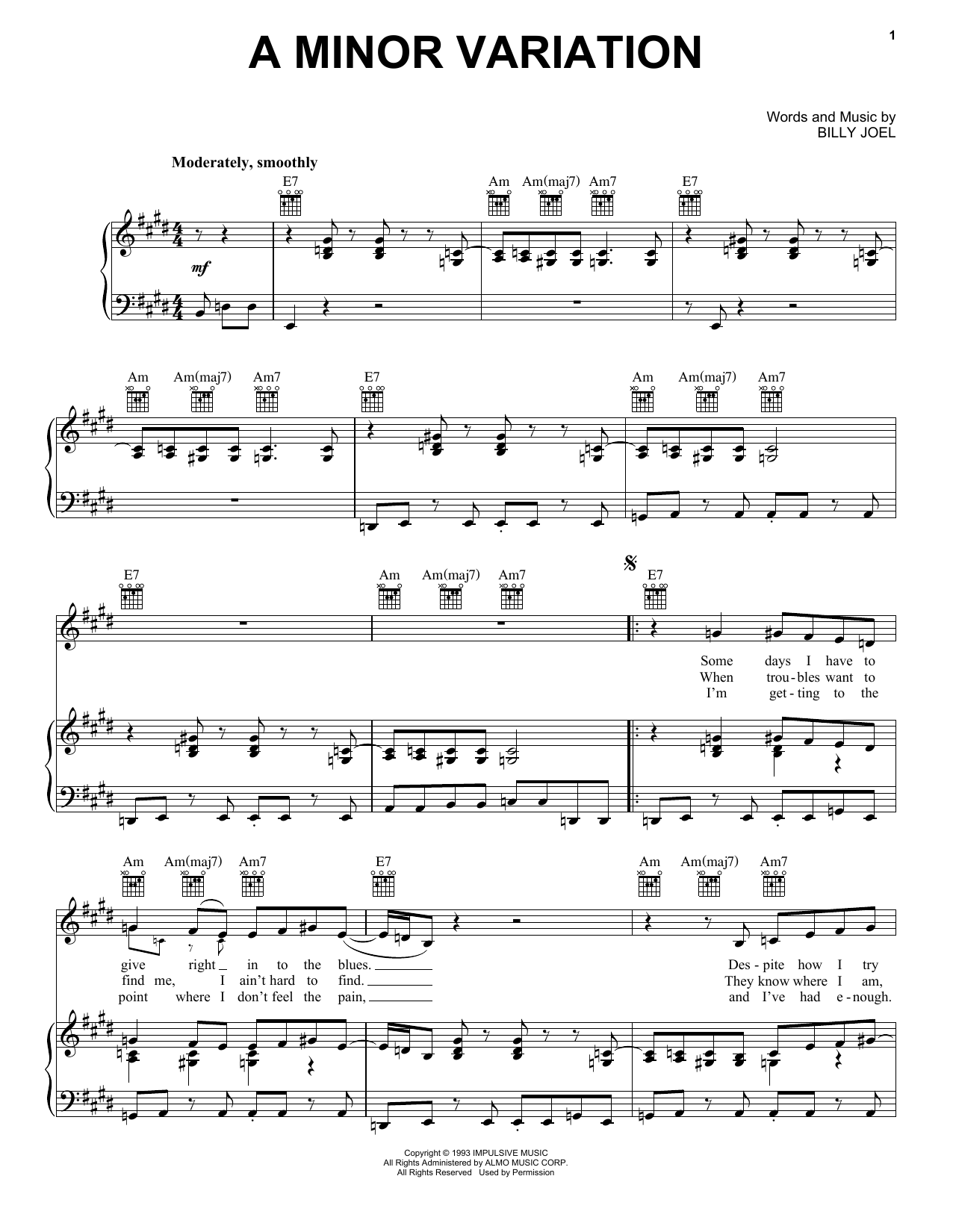 Download Billy Joel A Minor Variation Sheet Music and learn how to play Piano, Vocal & Guitar Chords (Right-Hand Melody) PDF digital score in minutes