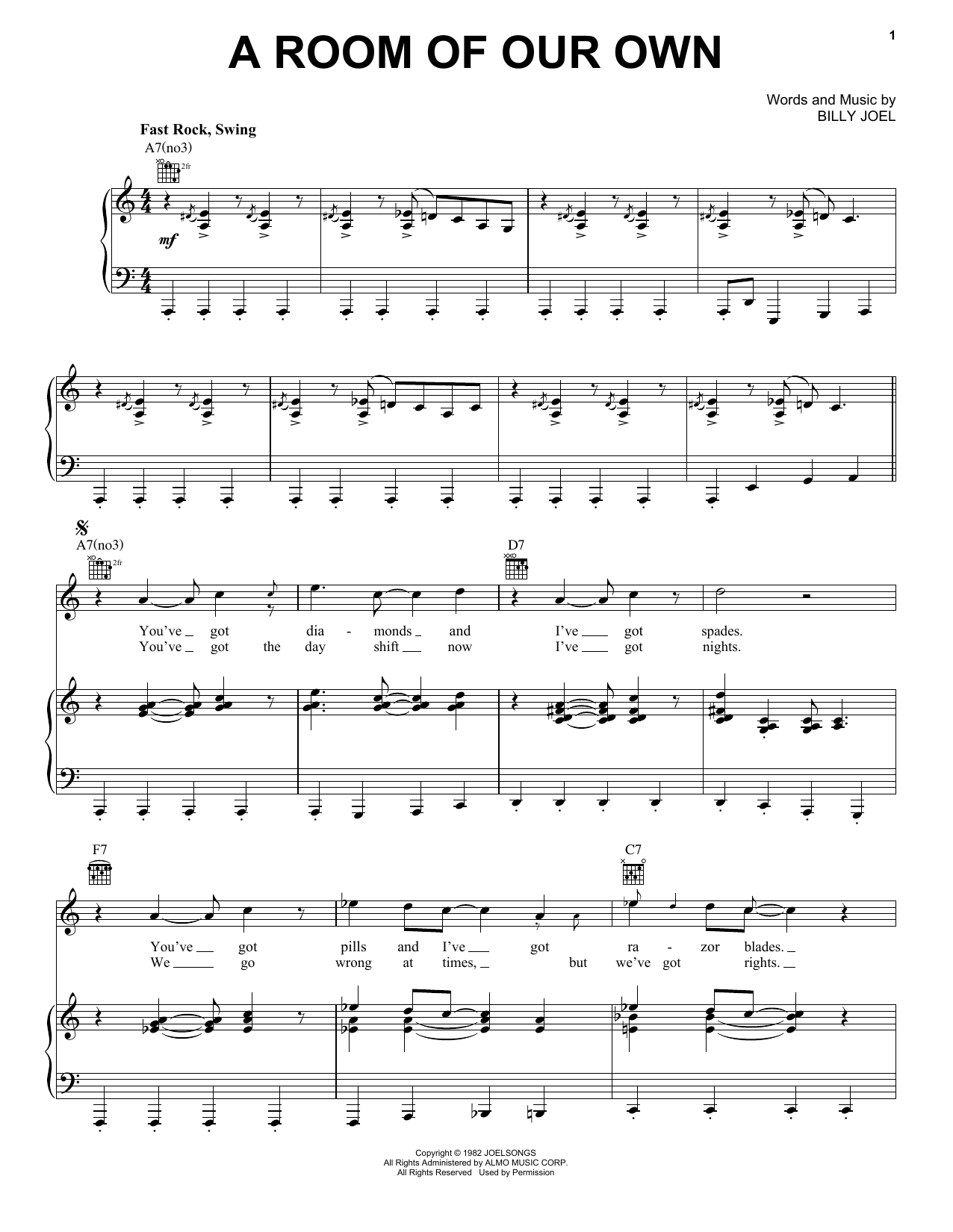 Download Billy Joel A Room Of Our Own Sheet Music and learn how to play Piano, Vocal & Guitar Chords (Right-Hand Melody) PDF digital score in minutes