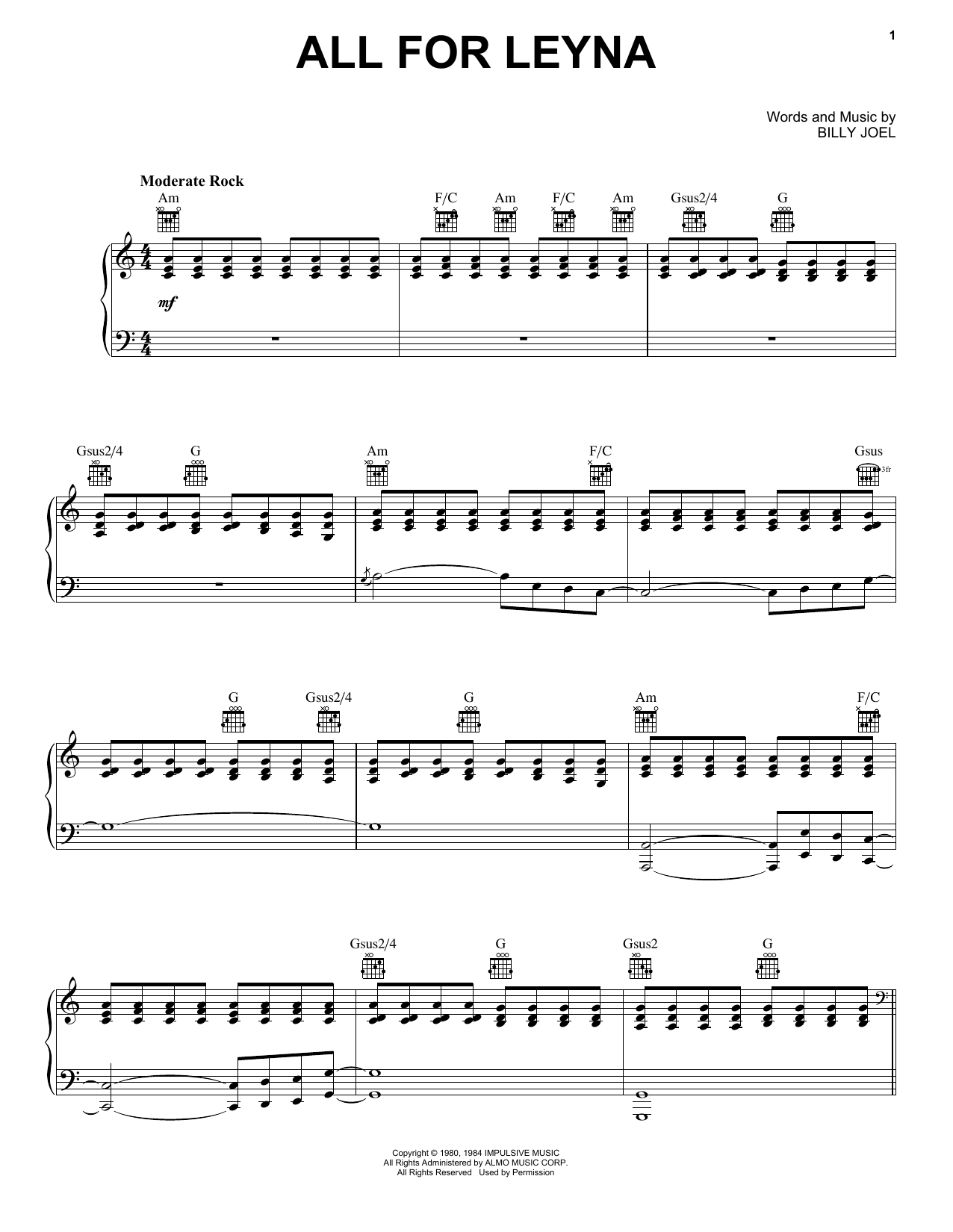 Download Billy Joel All For Leyna Sheet Music and learn how to play Piano, Vocal & Guitar Chords (Right-Hand Melody) PDF digital score in minutes