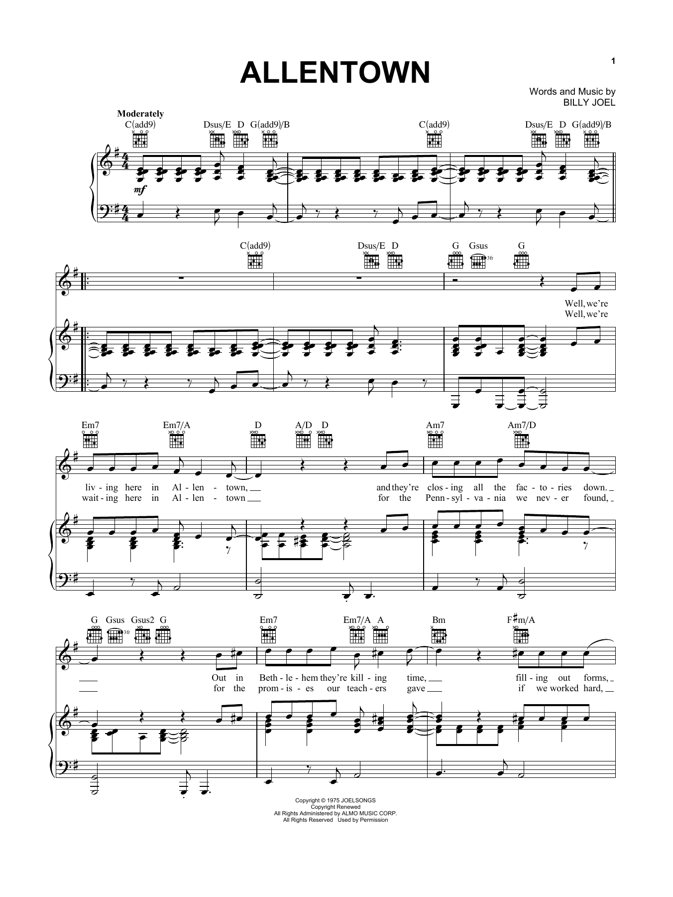 Download Billy Joel Allentown Sheet Music and learn how to play Melody Line, Lyrics & Chords PDF digital score in minutes