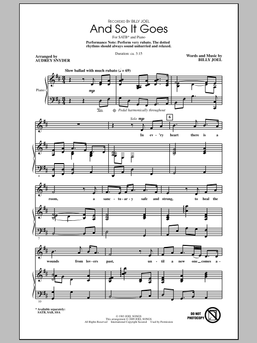 Download Billy Joel And So It Goes (arr. Audrey Snyder) Sheet Music and learn how to play SATB Choir PDF digital score in minutes