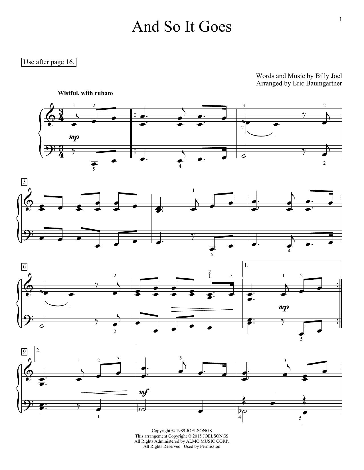 Download Billy Joel And So It Goes Sheet Music and learn how to play Easy Piano PDF digital score in minutes