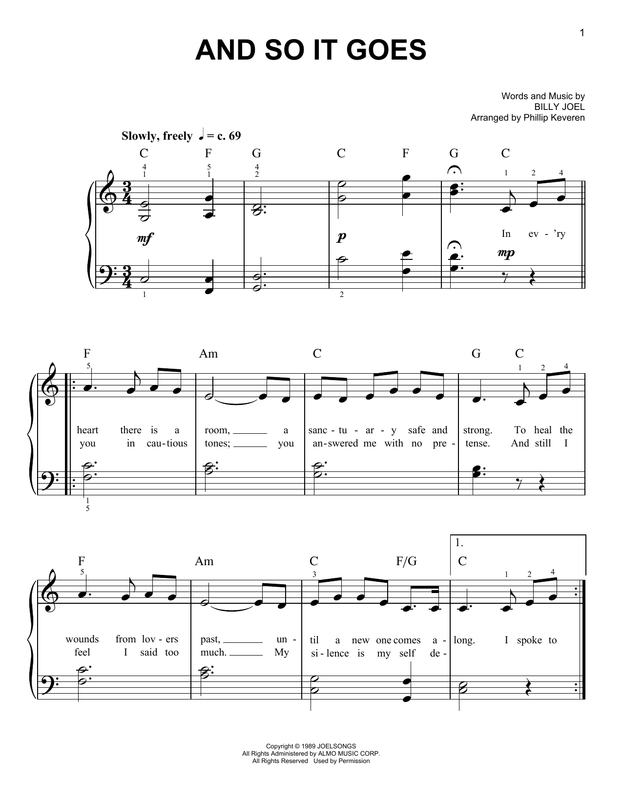 Download Billy Joel And So It Goes (arr. Phillip Keveren) Sheet Music and learn how to play Easy Piano PDF digital score in minutes