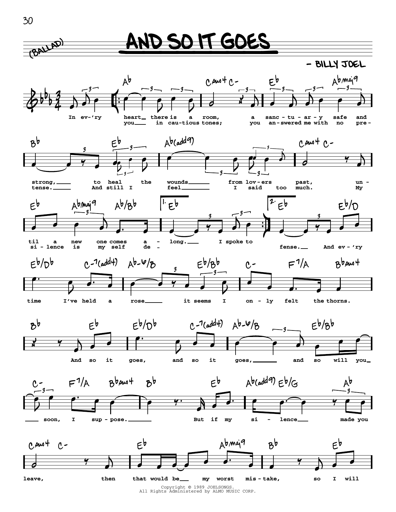 Download Billy Joel And So It Goes (High Voice) Sheet Music and learn how to play Real Book – Melody, Lyrics & Chords PDF digital score in minutes