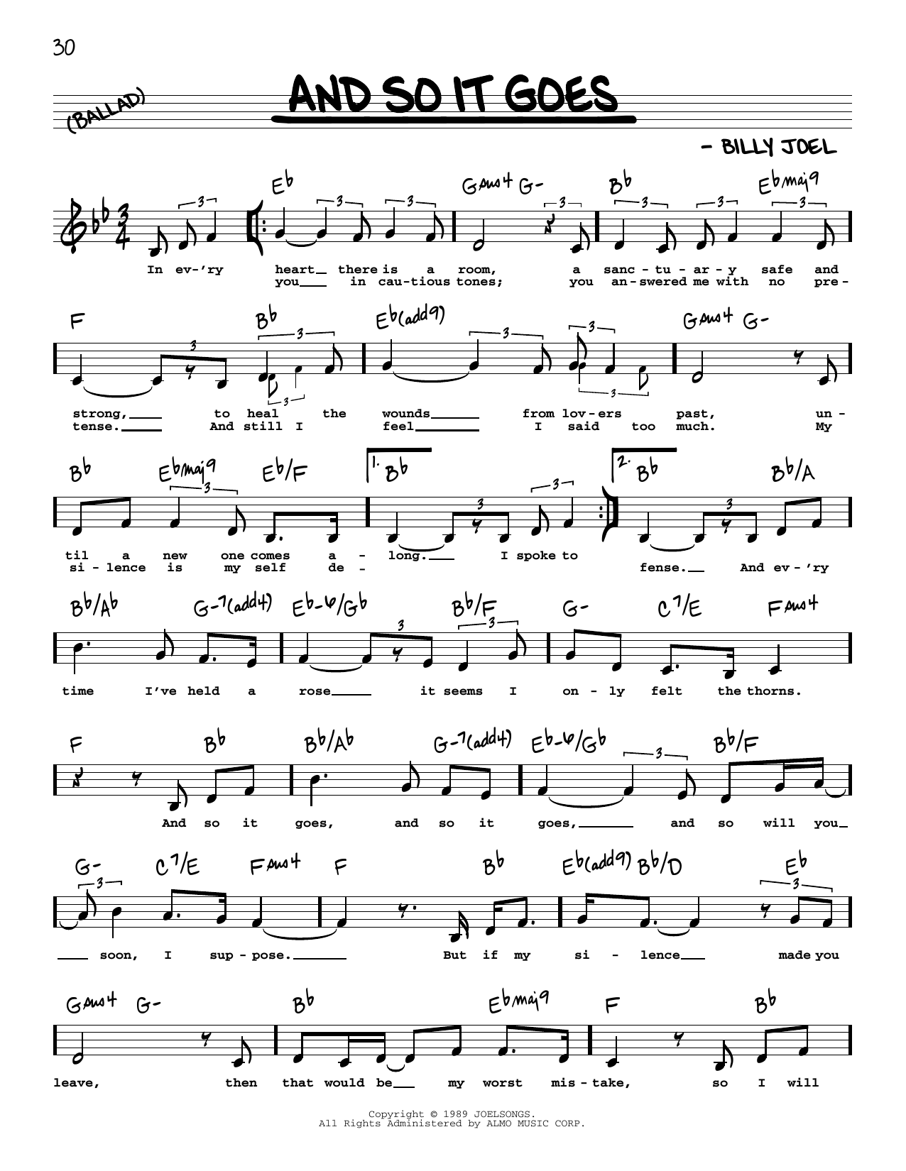 Download Billy Joel And So It Goes (Low Voice) Sheet Music and learn how to play Real Book – Melody, Lyrics & Chords PDF digital score in minutes