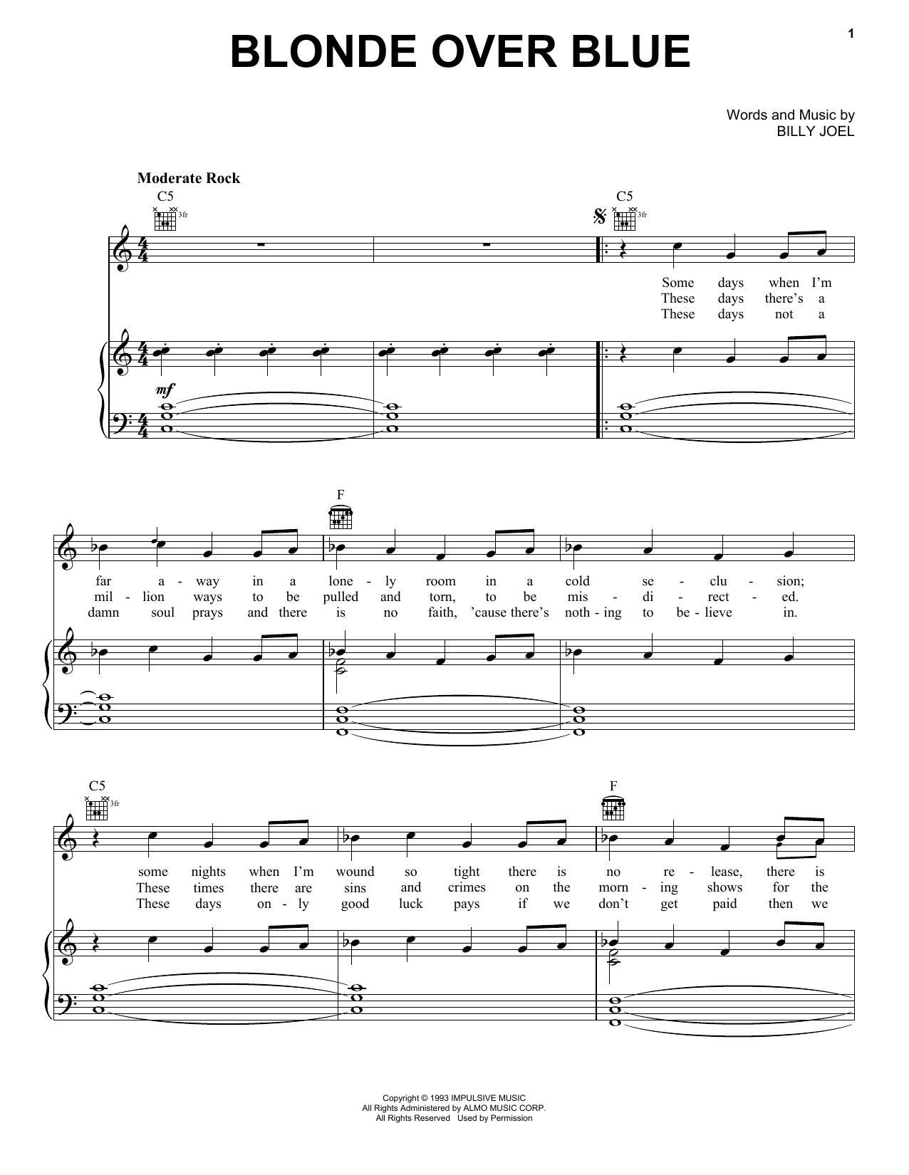 Download Billy Joel Blonde Over Blue Sheet Music and learn how to play Piano, Vocal & Guitar Chords (Right-Hand Melody) PDF digital score in minutes