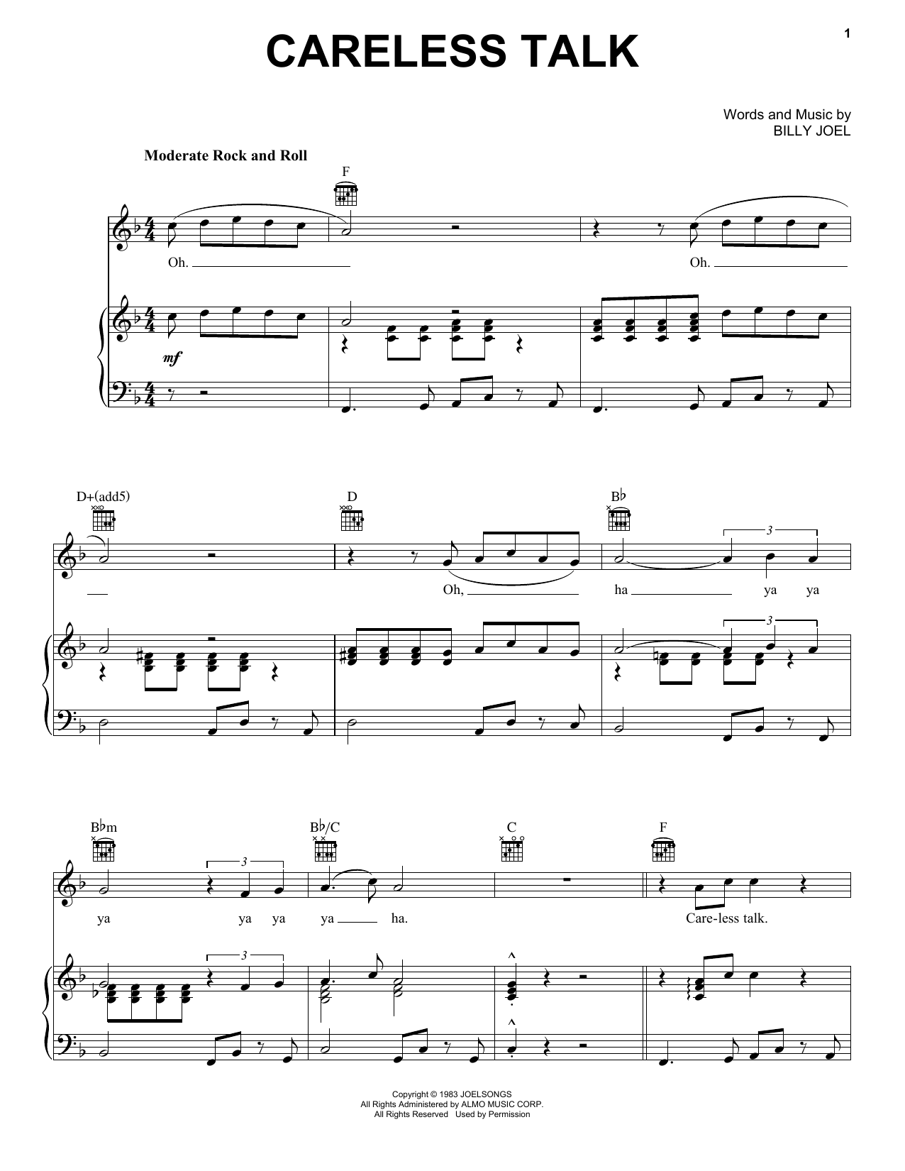 Download Billy Joel Careless Talk Sheet Music and learn how to play Piano, Vocal & Guitar (Right-Hand Melody) PDF digital score in minutes