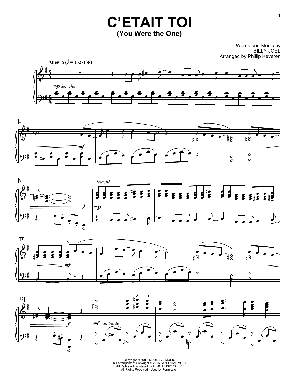 Download Billy Joel C'etait Toi (You Were The One) Sheet Music and learn how to play Piano PDF digital score in minutes