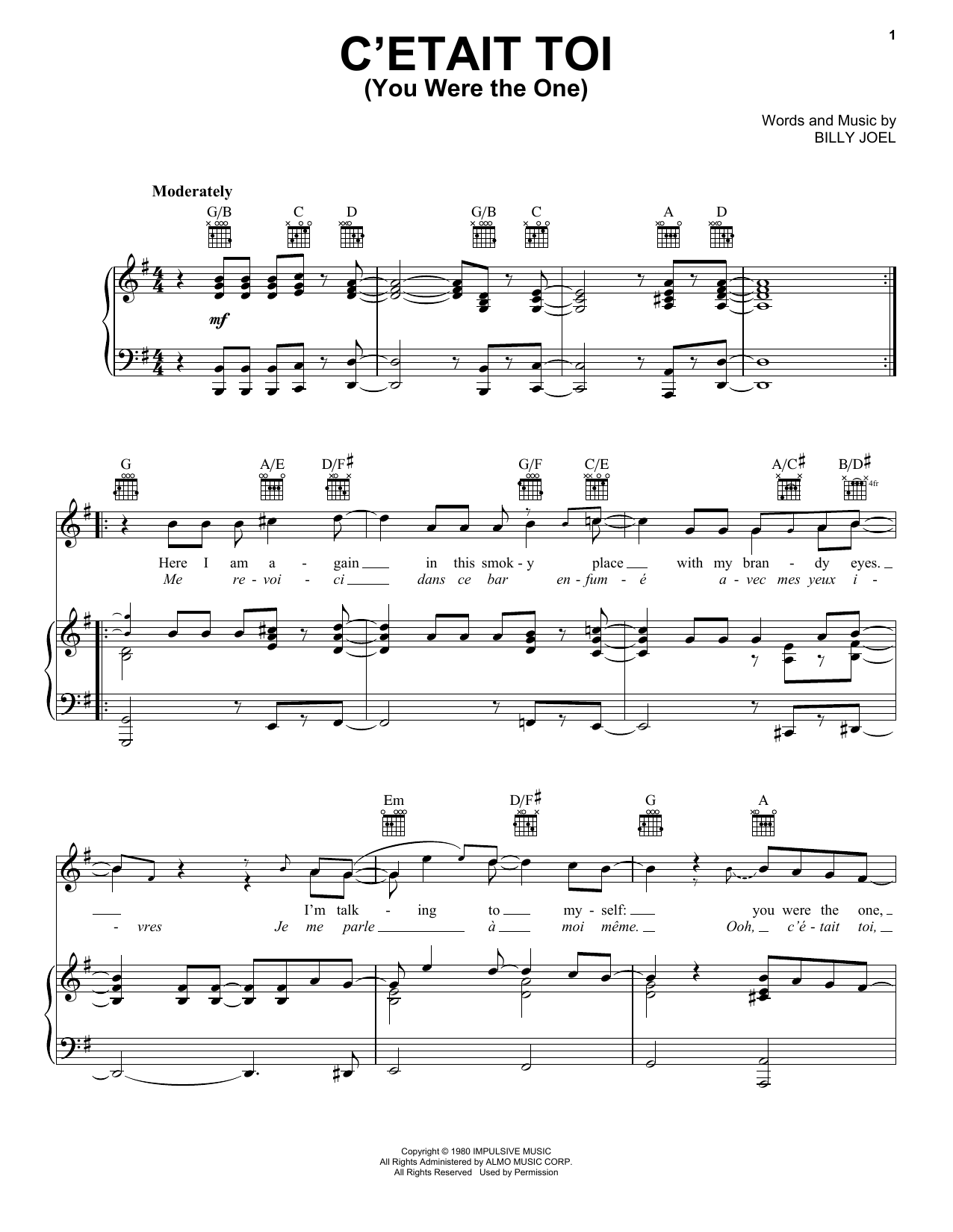 Download Billy Joel C'etait toi (You Were The One) Sheet Music and learn how to play Piano, Vocal & Guitar Chords (Right-Hand Melody) PDF digital score in minutes