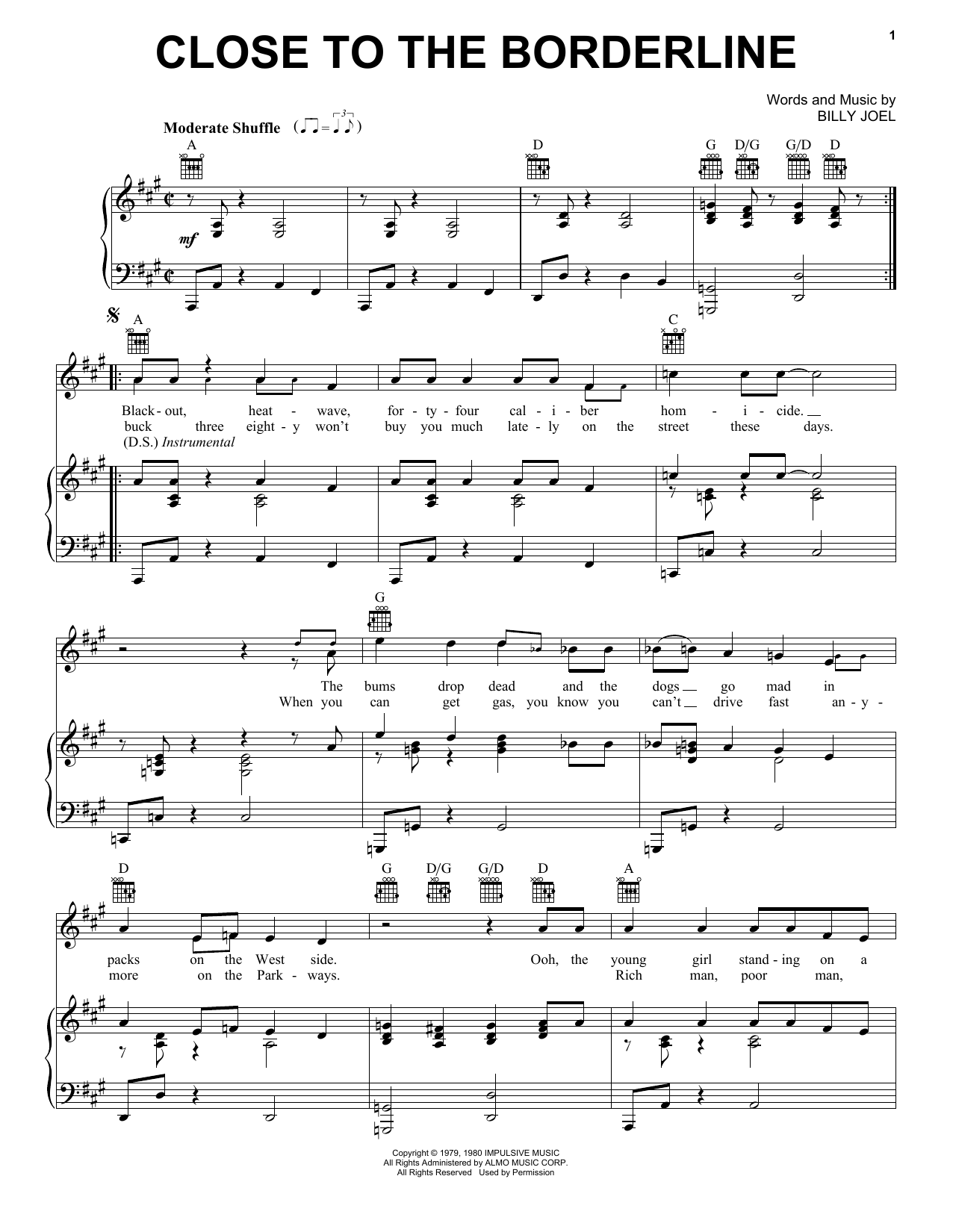 Download Billy Joel Close To The Borderline Sheet Music and learn how to play Piano, Vocal & Guitar Chords (Right-Hand Melody) PDF digital score in minutes