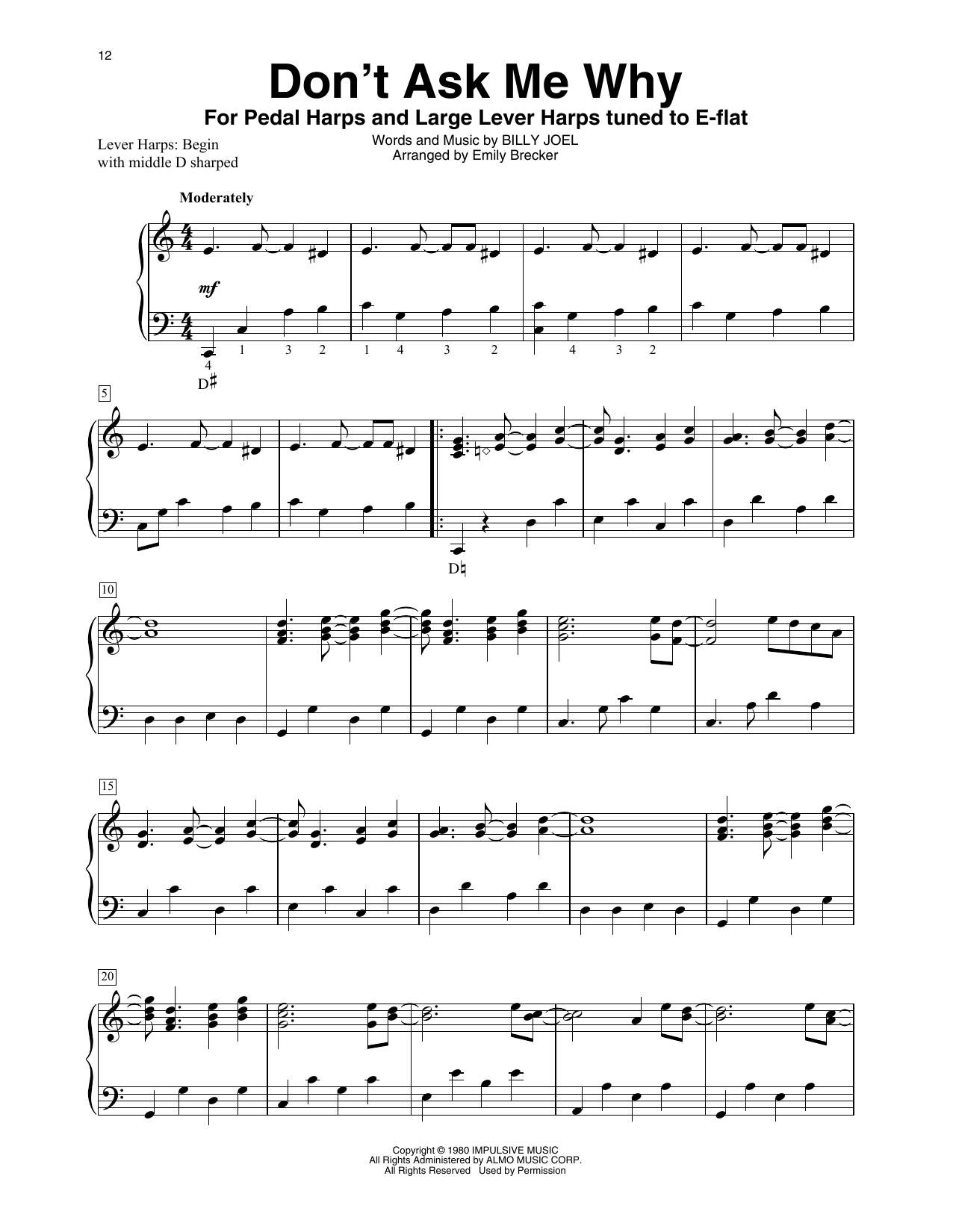 Download Billy Joel Don't Ask Me Why (arr. Emily Brecker) Sheet Music and learn how to play Harp PDF digital score in minutes