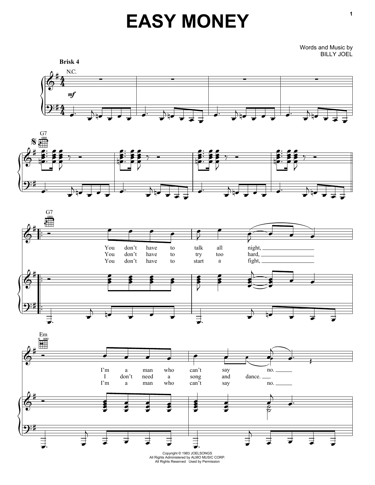 Download Billy Joel Easy Money Sheet Music and learn how to play Piano, Vocal & Guitar (Right-Hand Melody) PDF digital score in minutes