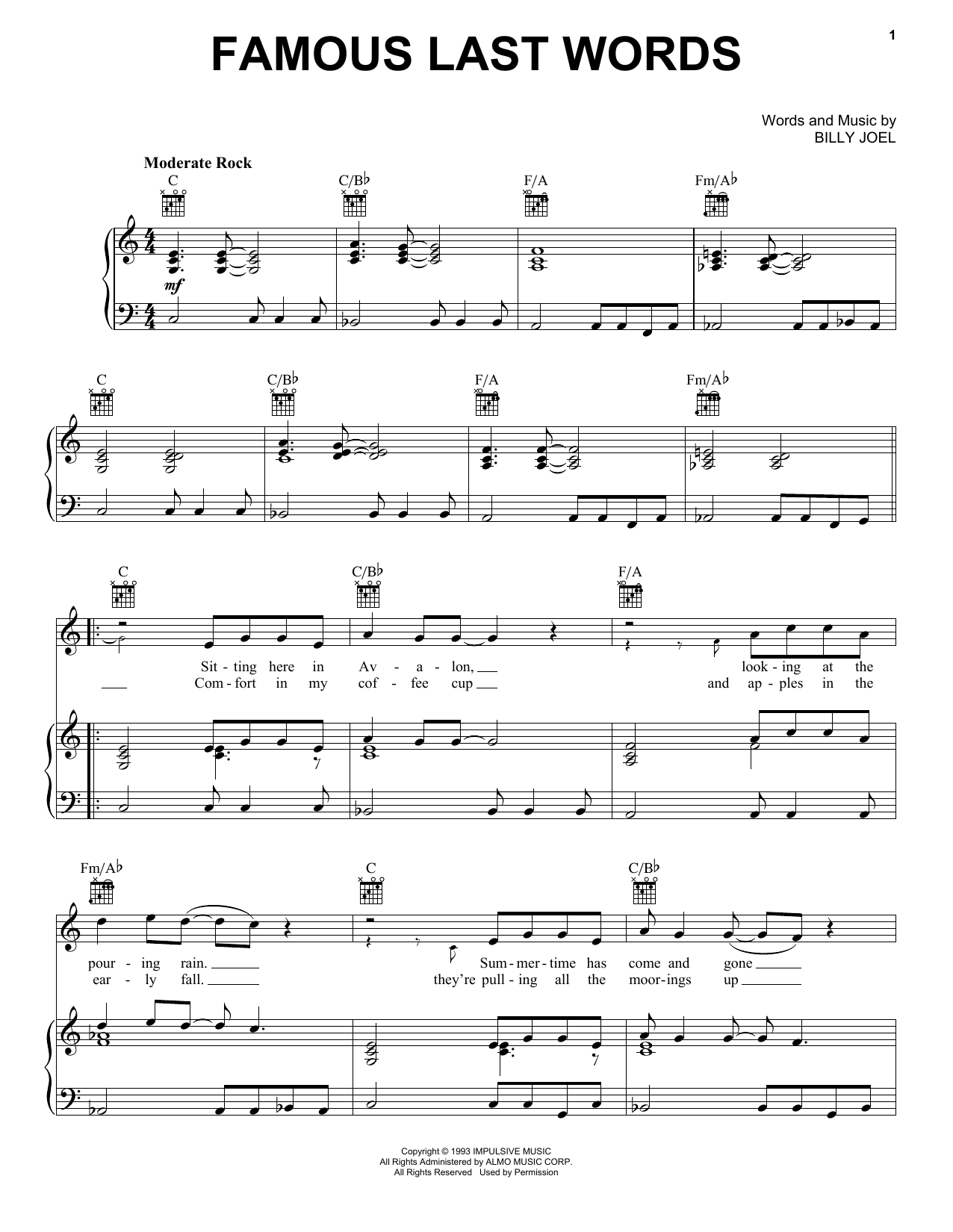 Download Billy Joel Famous Last Words Sheet Music and learn how to play Piano, Vocal & Guitar Chords (Right-Hand Melody) PDF digital score in minutes