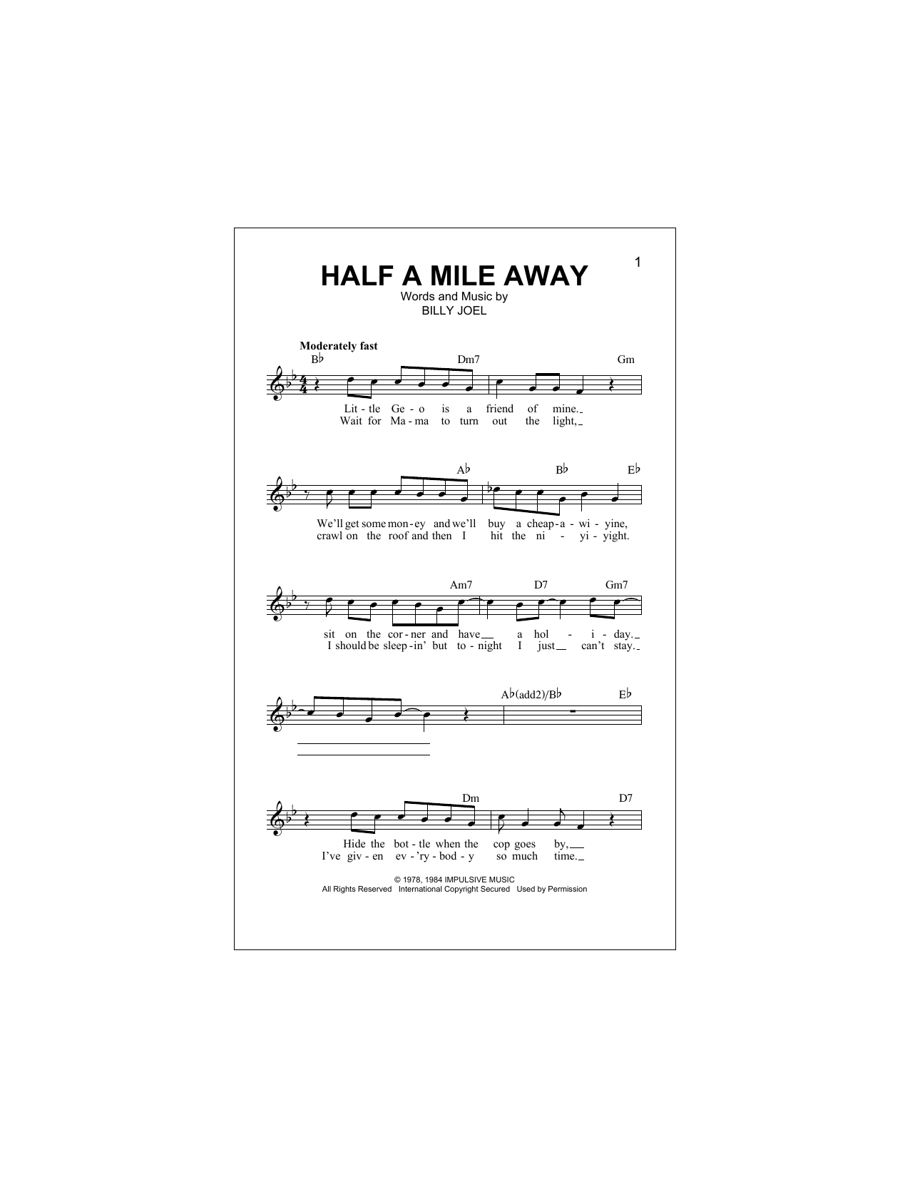 Download Billy Joel Half A Mile Away Sheet Music and learn how to play Melody Line, Lyrics & Chords PDF digital score in minutes