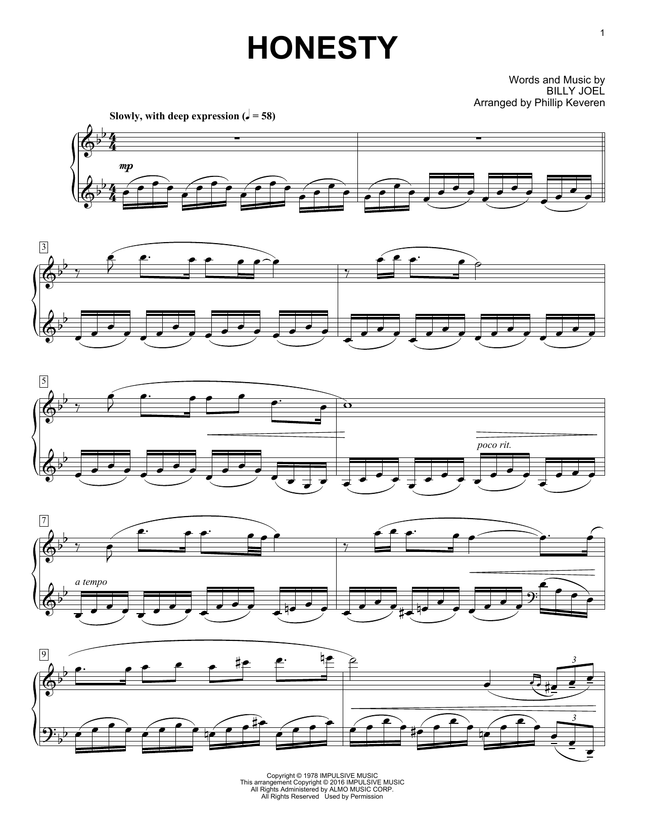 Download Billy Joel (Arr. Phillip Keveren) Honesty Sheet Music and learn how to play Piano PDF digital score in minutes