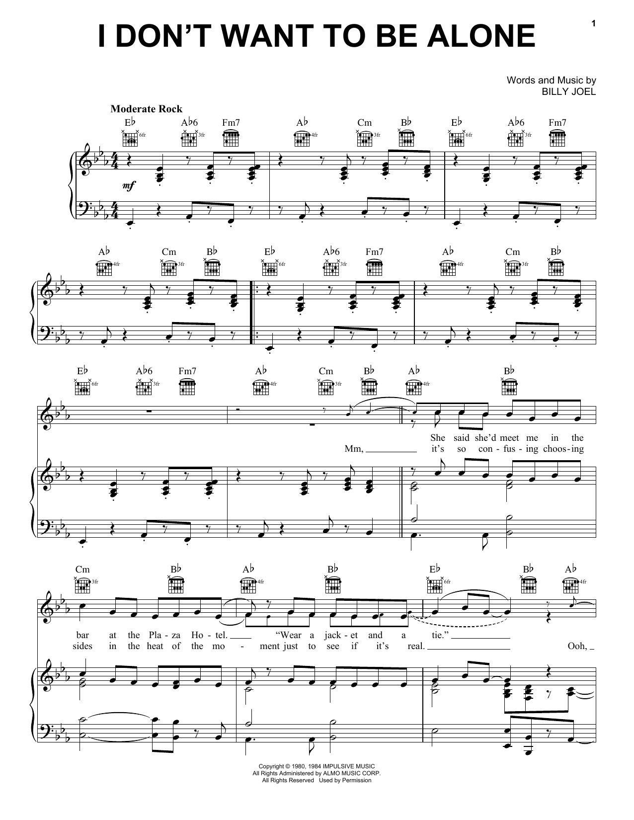 Download Billy Joel I Don't Want To Be Alone Sheet Music and learn how to play Piano, Vocal & Guitar Chords (Right-Hand Melody) PDF digital score in minutes