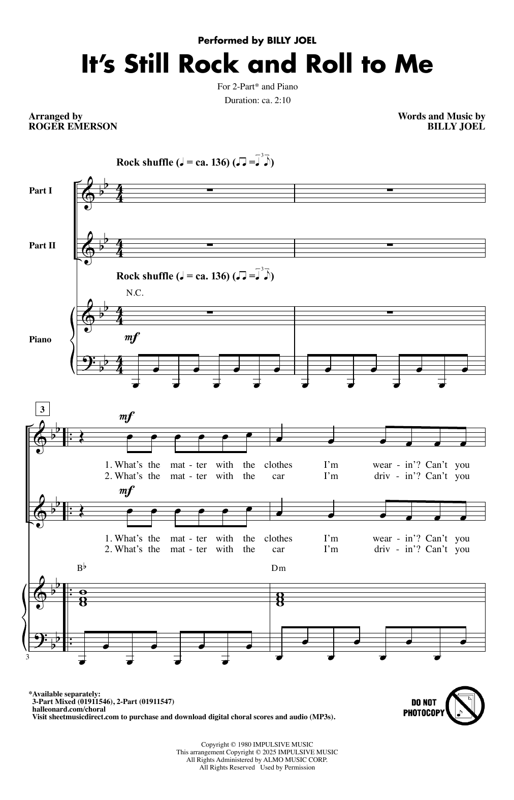 Download Billy Joel It's Still Rock And Roll To Me (arr. Roger Emerson) Sheet Music and learn how to play 2-Part Choir PDF digital score in minutes
