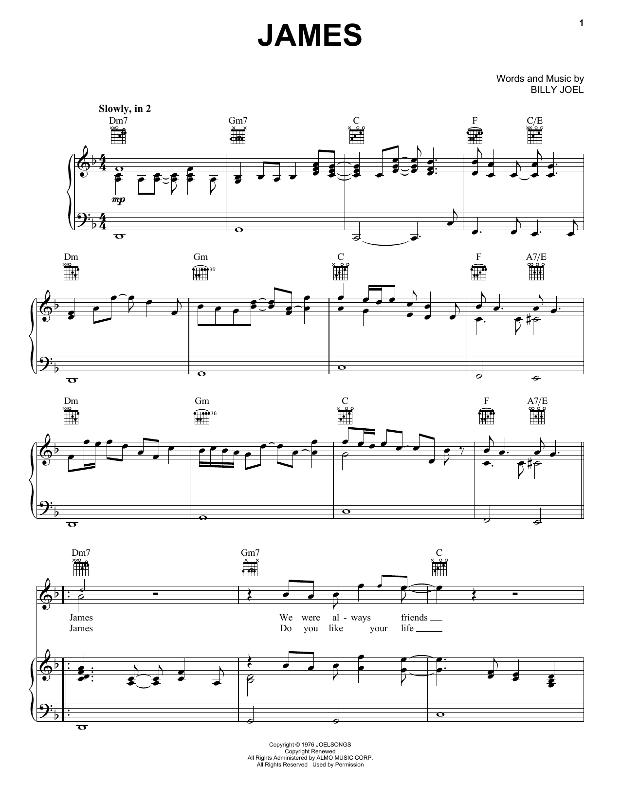 Download Billy Joel James Sheet Music and learn how to play Piano, Vocal & Guitar (Right-Hand Melody) PDF digital score in minutes