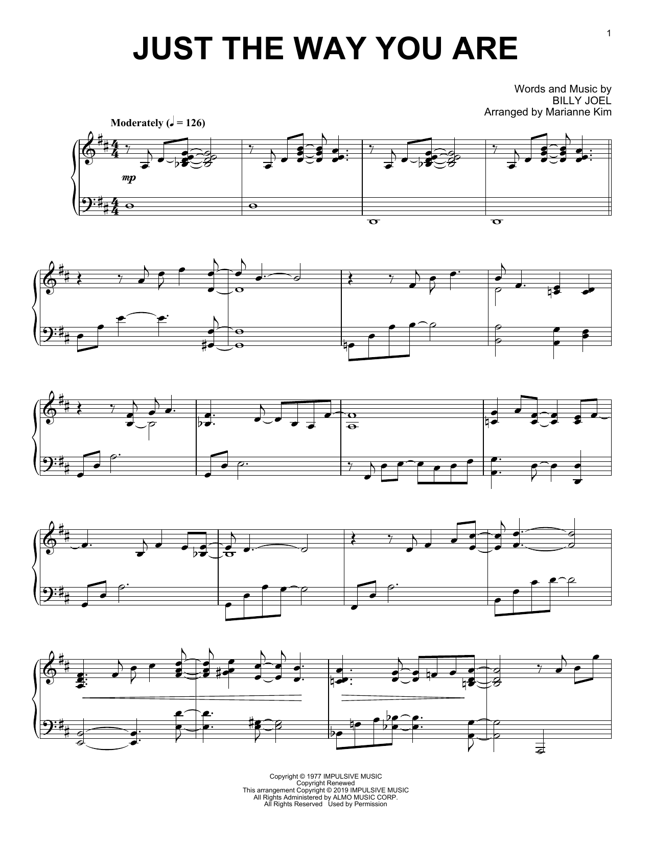 Download Billy Joel Just The Way You Are (arr. Marianne Kim) Sheet Music and learn how to play Piano Solo PDF digital score in minutes