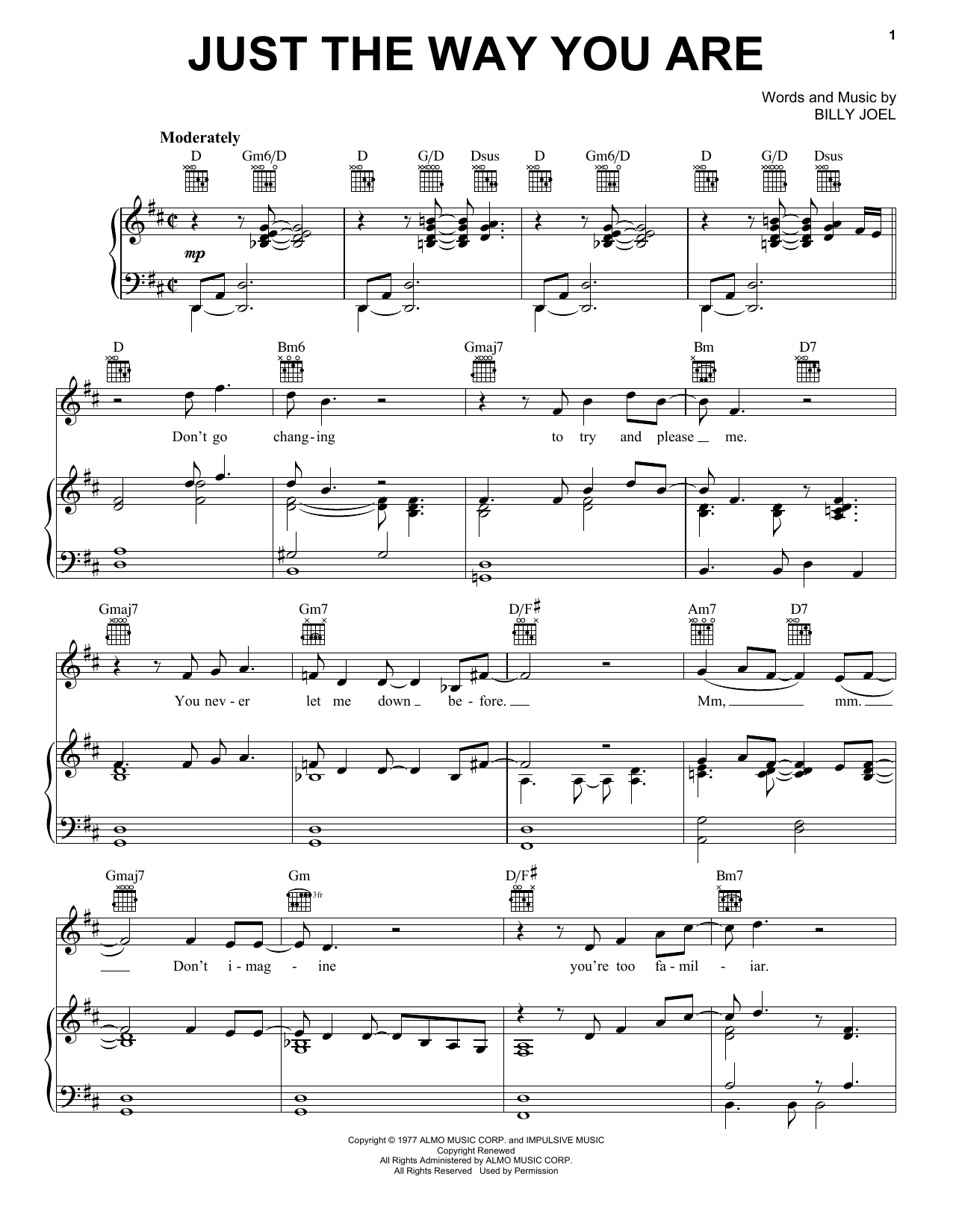 Download Billy Joel Just The Way You Are Sheet Music and learn how to play Lyrics & Piano Chords PDF digital score in minutes