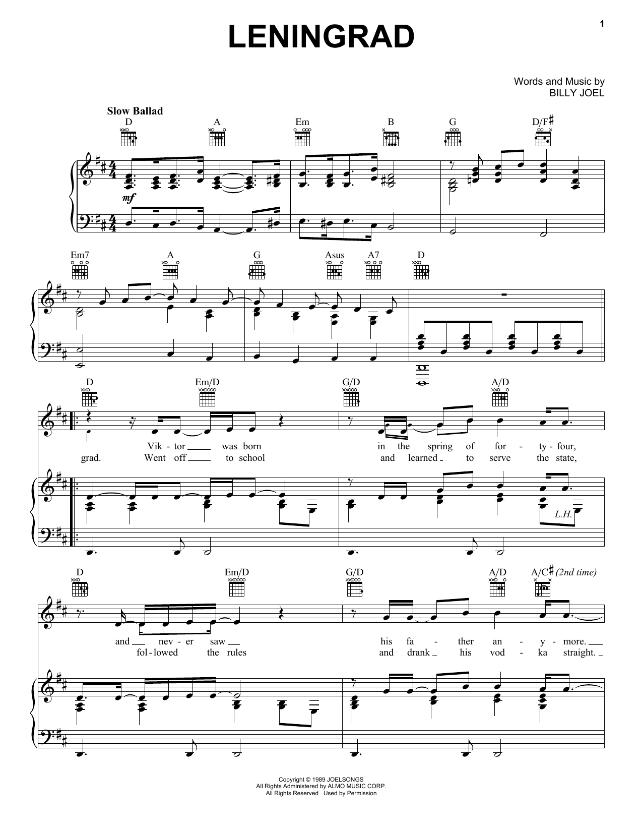 Download Billy Joel Leningrad Sheet Music and learn how to play Melody Line, Lyrics & Chords PDF digital score in minutes