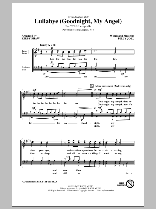 Download Kirby Shaw Lullabye (Goodnight, My Angel) Sheet Music and learn how to play TTBB PDF digital score in minutes